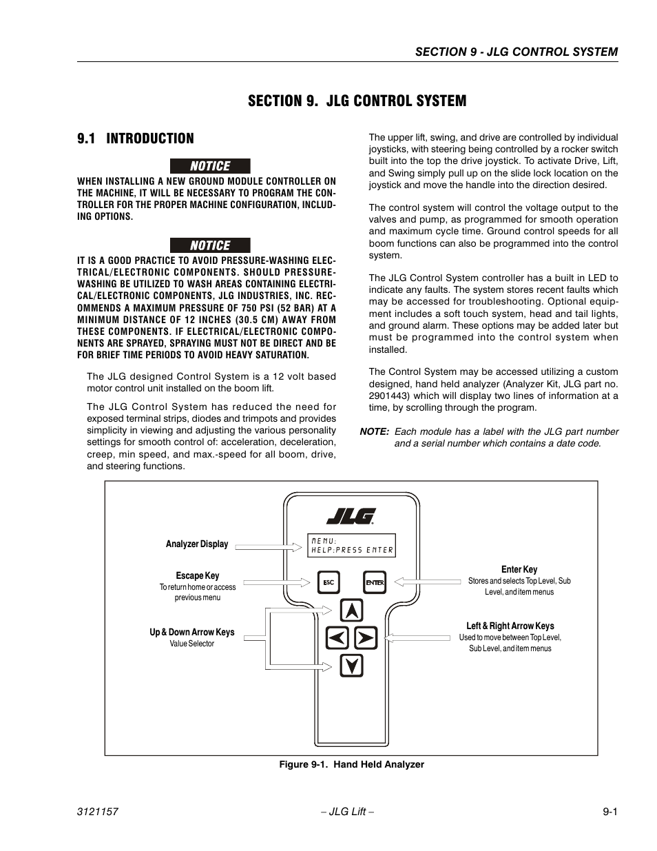 Section 9. jlg control system, 1 introduction, Section 9 - jlg control system | Introduction -1, Hand held analyzer -1 | JLG 600SC_660SJC Service Manual User Manual | Page 297 / 406