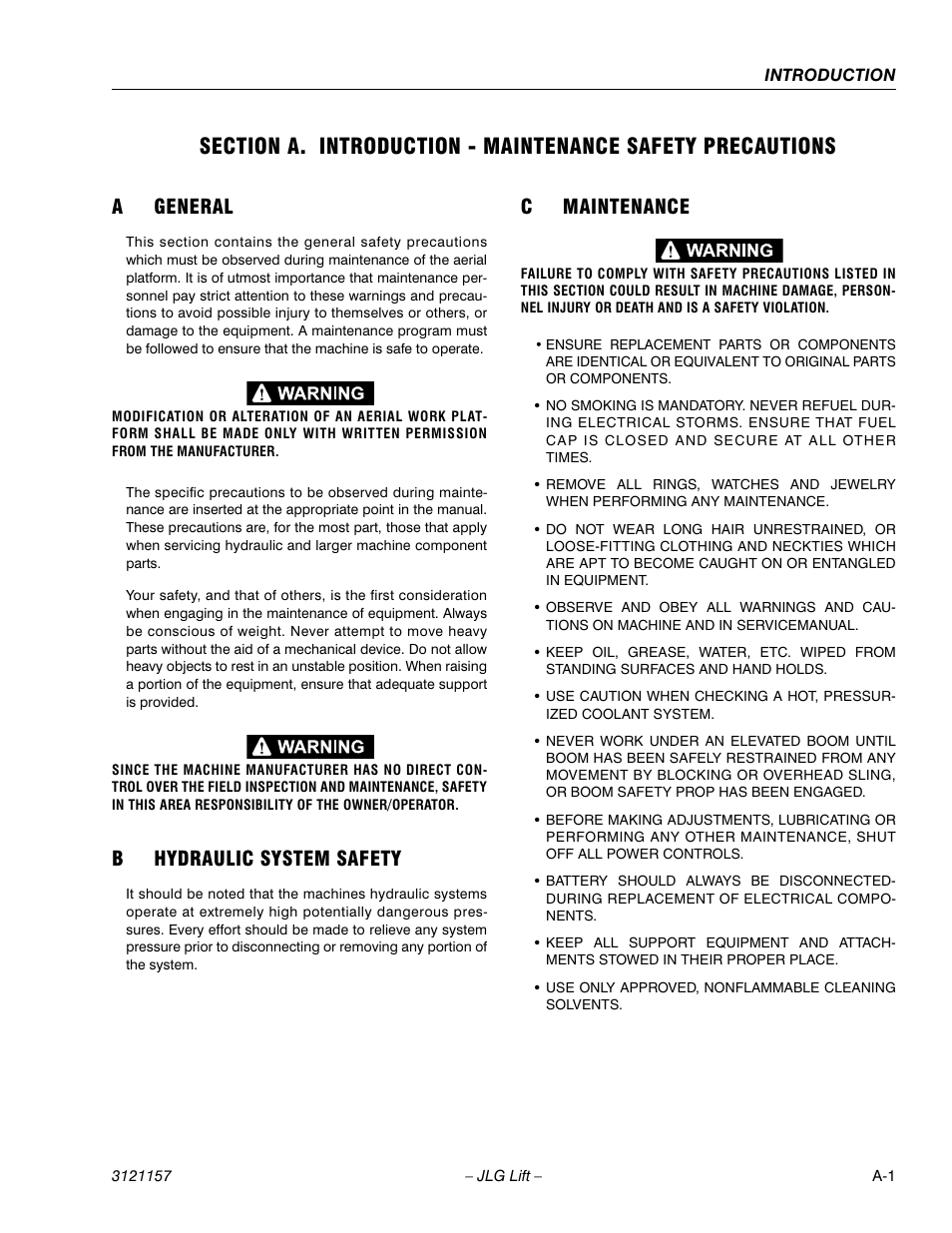 A general, B hydraulic system safety, C maintenance | Ageneral, Bhydraulic system safety, Cmaintenance | JLG 600SC_660SJC Service Manual User Manual | Page 3 / 406