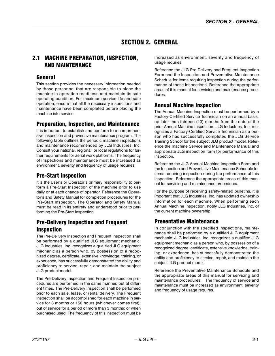 Section 2. general, 1 machine preparation, inspection, and maintenance, General | Preparation, inspection, and maintenance, Pre-start inspection, Pre-delivery inspection and frequent inspection, Annual machine inspection, Preventative maintenance, Section 2 - general | JLG 600SC_660SJC Service Manual User Manual | Page 33 / 406