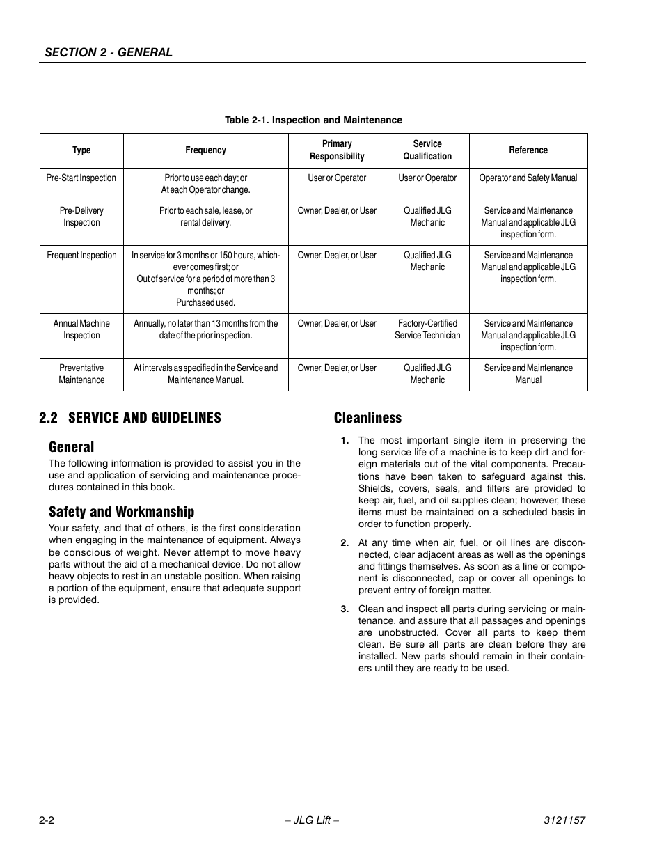 2 service and guidelines, General, Safety and workmanship | Cleanliness, Service and guidelines -2, Inspection and maintenance -2, 2 service and guidelines general | JLG 600SC_660SJC Service Manual User Manual | Page 34 / 406