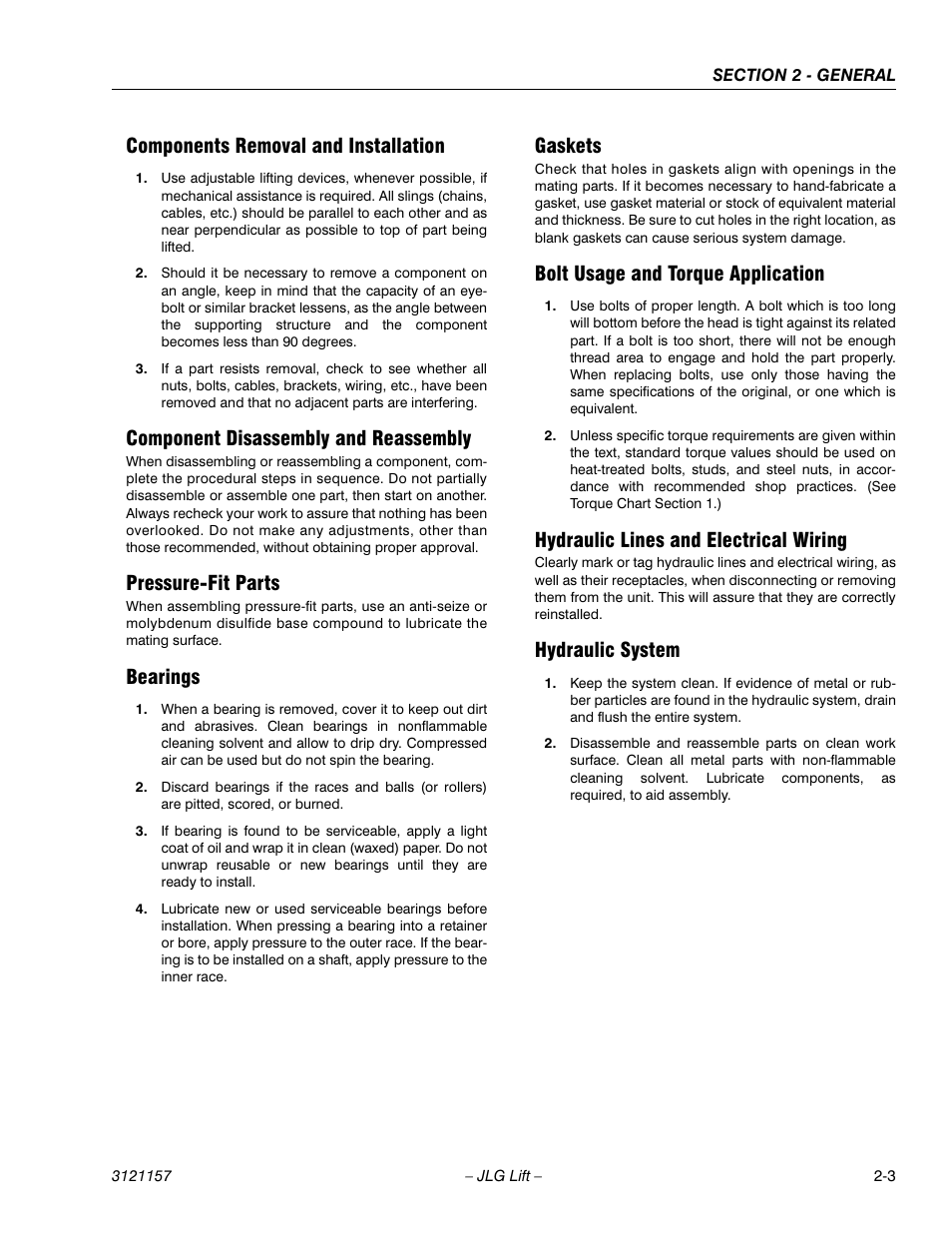 Components removal and installation, Component disassembly and reassembly, Pressure-fit parts | Bearings, Gaskets, Bolt usage and torque application, Hydraulic lines and electrical wiring, Hydraulic system | JLG 600SC_660SJC Service Manual User Manual | Page 35 / 406