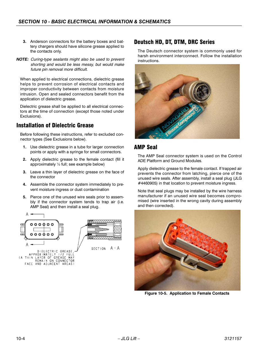 Installation of dielectric grease, Deutsch hd, dt, dtm, drc series, Amp seal | Application to female contacts -4 | JLG 600SC_660SJC Service Manual User Manual | Page 368 / 406