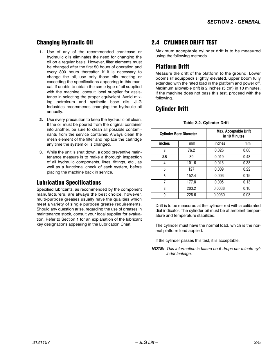 Changing hydraulic oil, Lubrication specifications, 4 cylinder drift test | Platform drift, Cylinder drift, Cylinder drift test -5, Platform drift -5 cylinder drift -5, Cylinder drift -5 | JLG 600SC_660SJC Service Manual User Manual | Page 37 / 406