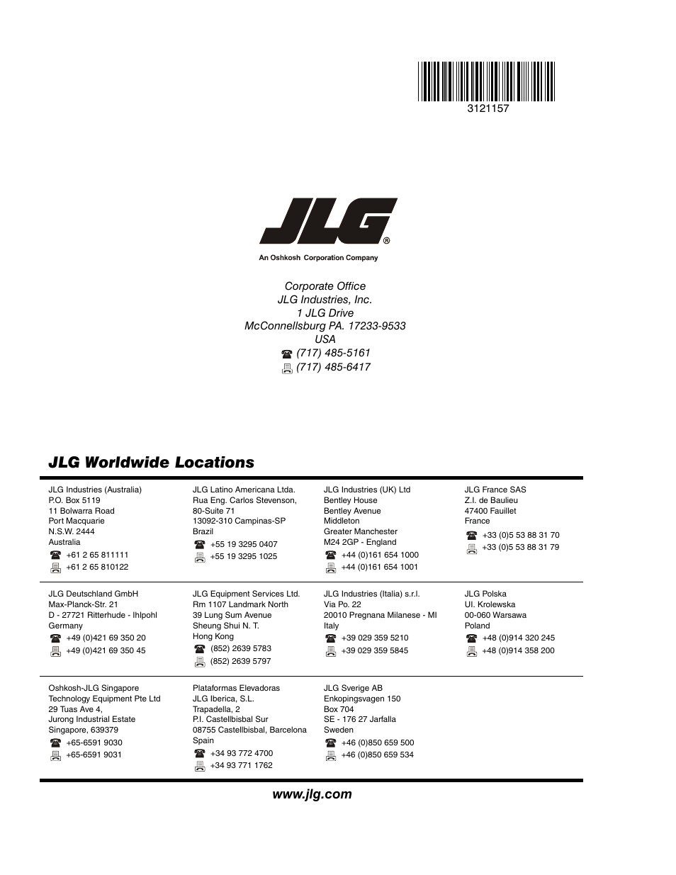 Jlg worldwide locations | JLG 600SC_660SJC Service Manual User Manual | Page 406 / 406