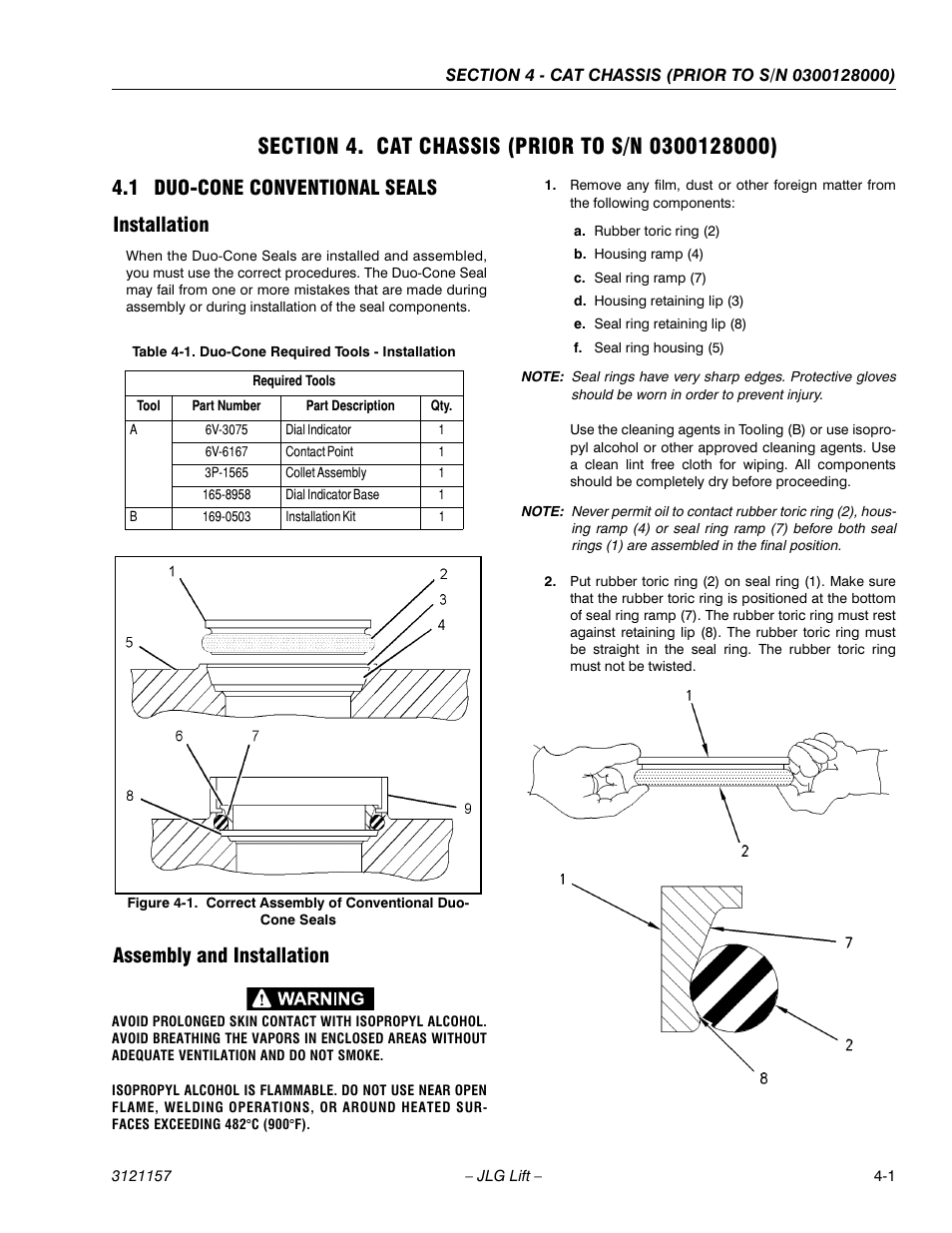 Section 4. cat chassis (prior to s/n 0300128000), 1 duo-cone conventional seals, Installation | Assembly and installation, Section 4 - cat chassis (prior to s/n 0300128000), Duo-cone conventional seals -1, Installation -1 assembly and installation -1, Correct assembly of conventional duo-cone seals -1, Duo-cone required tools - installation -1, 1 duo-cone conventional seals installation | JLG 600SC_660SJC Service Manual User Manual | Page 63 / 406