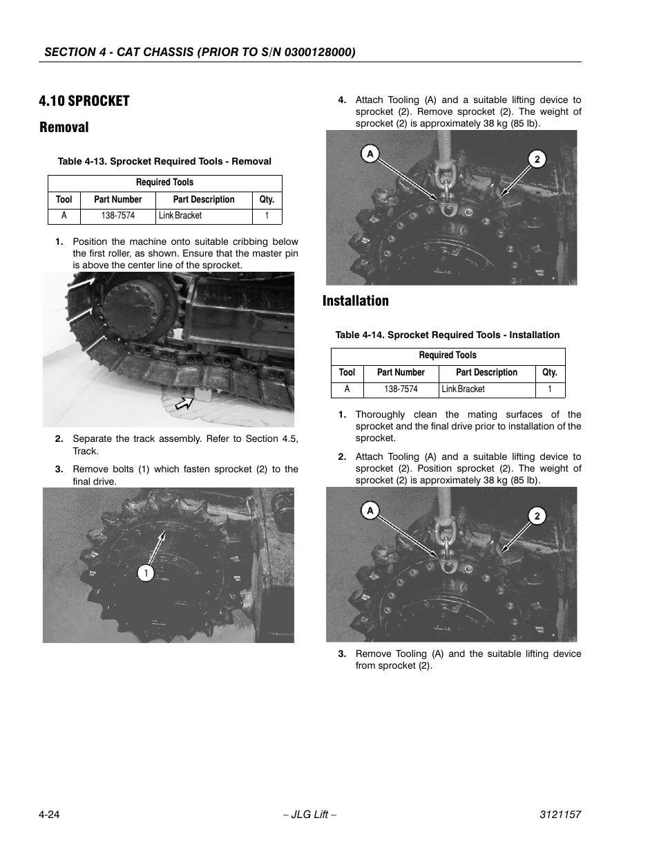 10 sprocket, Removal, Installation | Sprocket -24, Removal -24 installation -24, Sprocket required tools - removal -24, Sprocket required tools - installation -24, 10 sprocket removal | JLG 600SC_660SJC Service Manual User Manual | Page 86 / 406