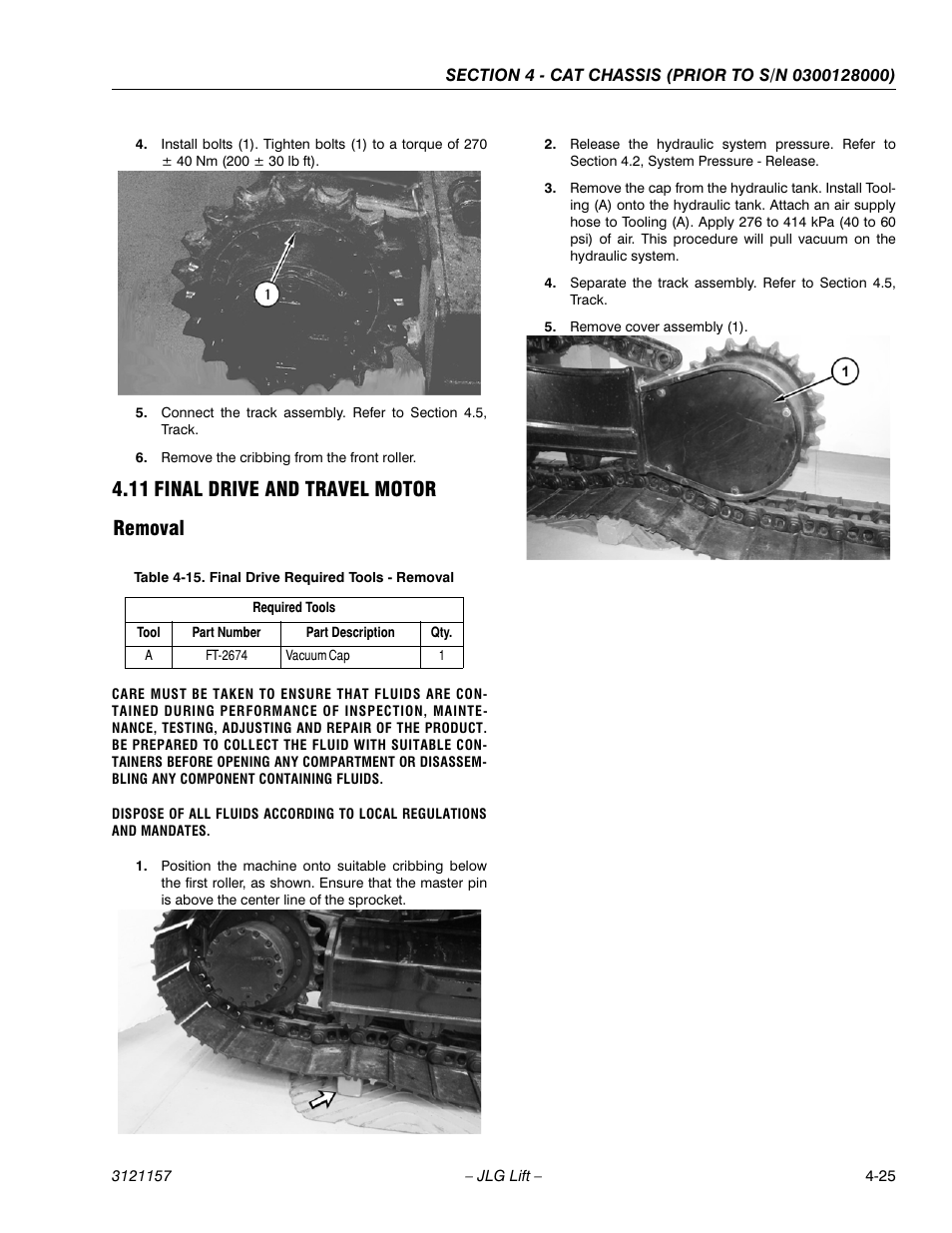 11 final drive and travel motor, Removal, Final drive and travel motor -25 | Removal -25, Final drive required tools - removal -25, 11 final drive and travel motor removal | JLG 600SC_660SJC Service Manual User Manual | Page 87 / 406