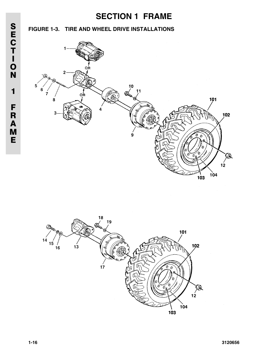 Figure 1-3. tire and wheel drive installations, Tire and wheel drive installations -16 | JLG 60HA ANSI Parts Manual User Manual | Page 24 / 352