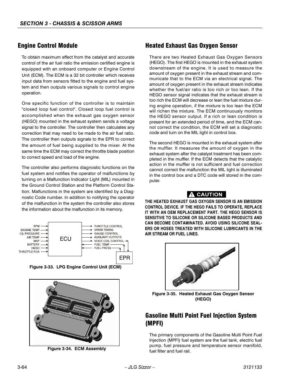 Engine control module, Heated exhaust gas oxygen sensor, Gasoline multi point fuel injection system (mpfi) | Lpg engine control unit (ecm) -64, Ecm assembly -64, Heated exhaust gas oxygen sensor (hego) -64 | JLG 4394RT Service Manual User Manual | Page 100 / 228