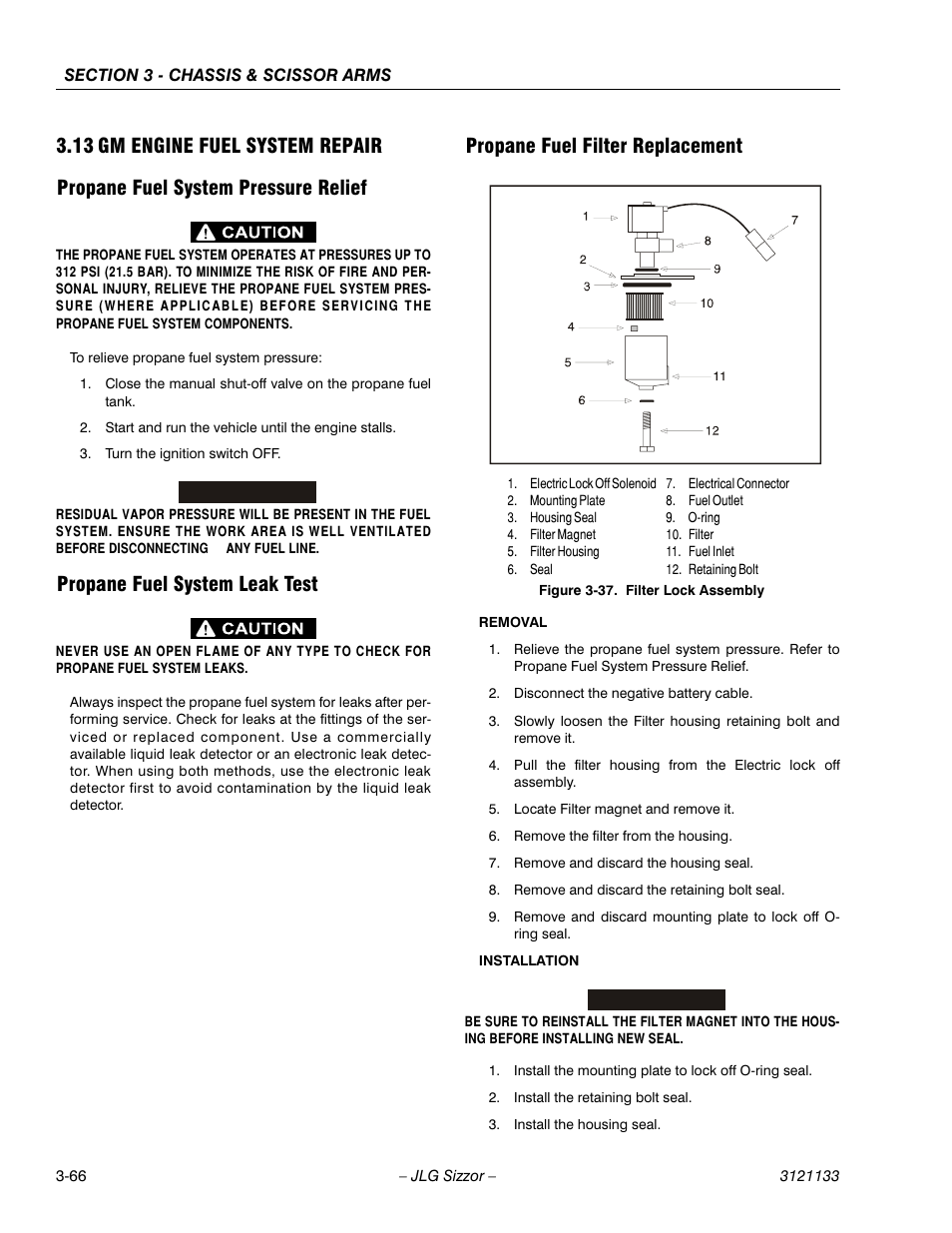 13 gm engine fuel system repair, Propane fuel system pressure relief, Propane fuel system leak test | Propane fuel filter replacement, Gm engine fuel system repair -66, Filter lock assembly -66 | JLG 4394RT Service Manual User Manual | Page 102 / 228