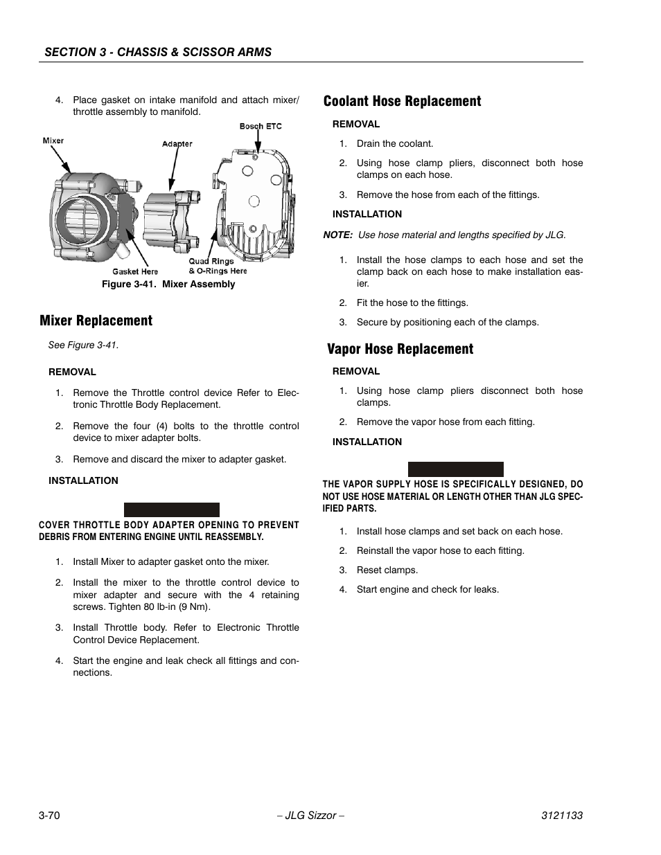 Mixer replacement, Coolant hose replacement, Vapor hose replacement | Mixer assembly -70 | JLG 4394RT Service Manual User Manual | Page 106 / 228