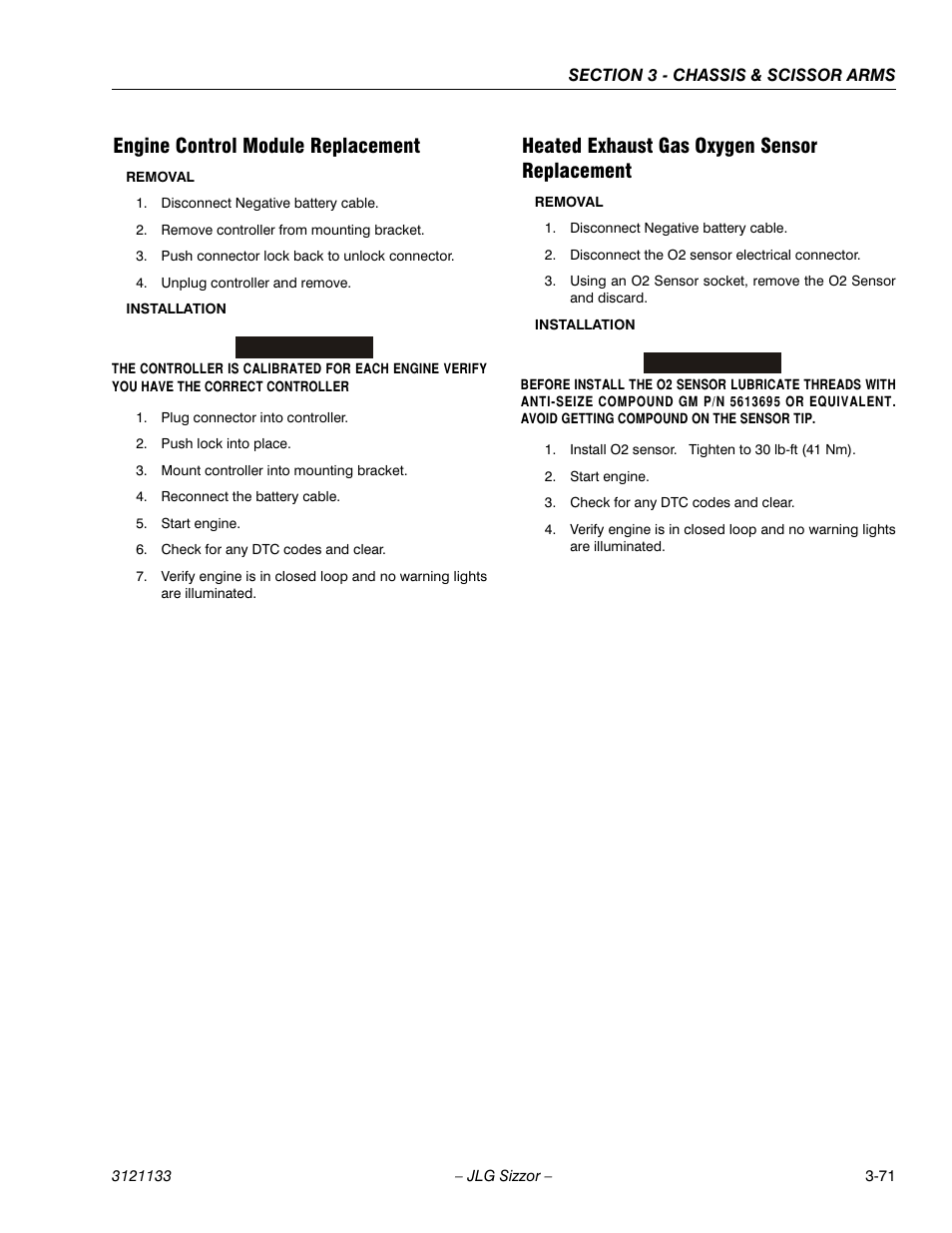 Engine control module replacement, Heated exhaust gas oxygen sensor replacement | JLG 4394RT Service Manual User Manual | Page 107 / 228