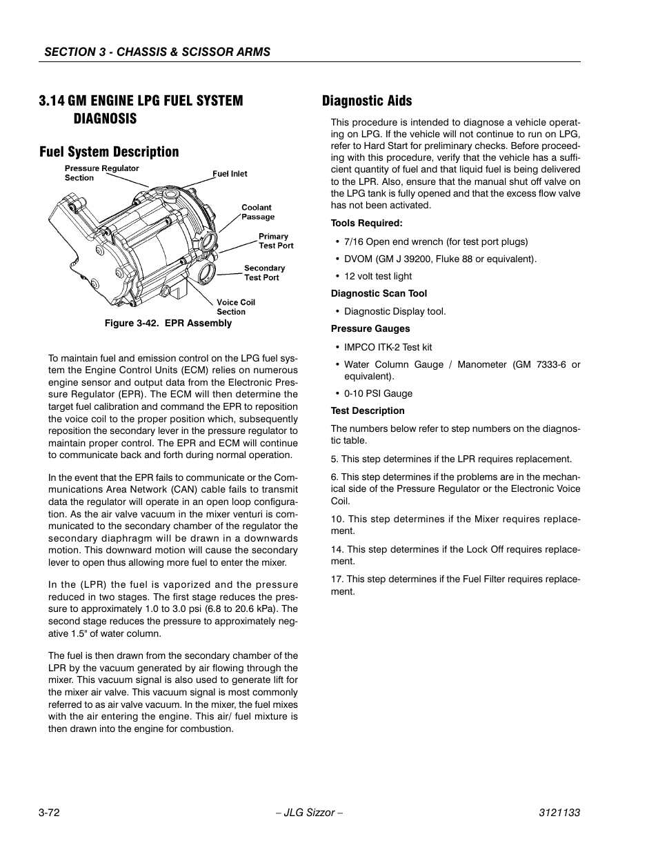 14 gm engine lpg fuel system diagnosis, Fuel system description, Diagnostic aids | Gm engine lpg fuel system diagnosis -72, Epr assembly -72 | JLG 4394RT Service Manual User Manual | Page 108 / 228