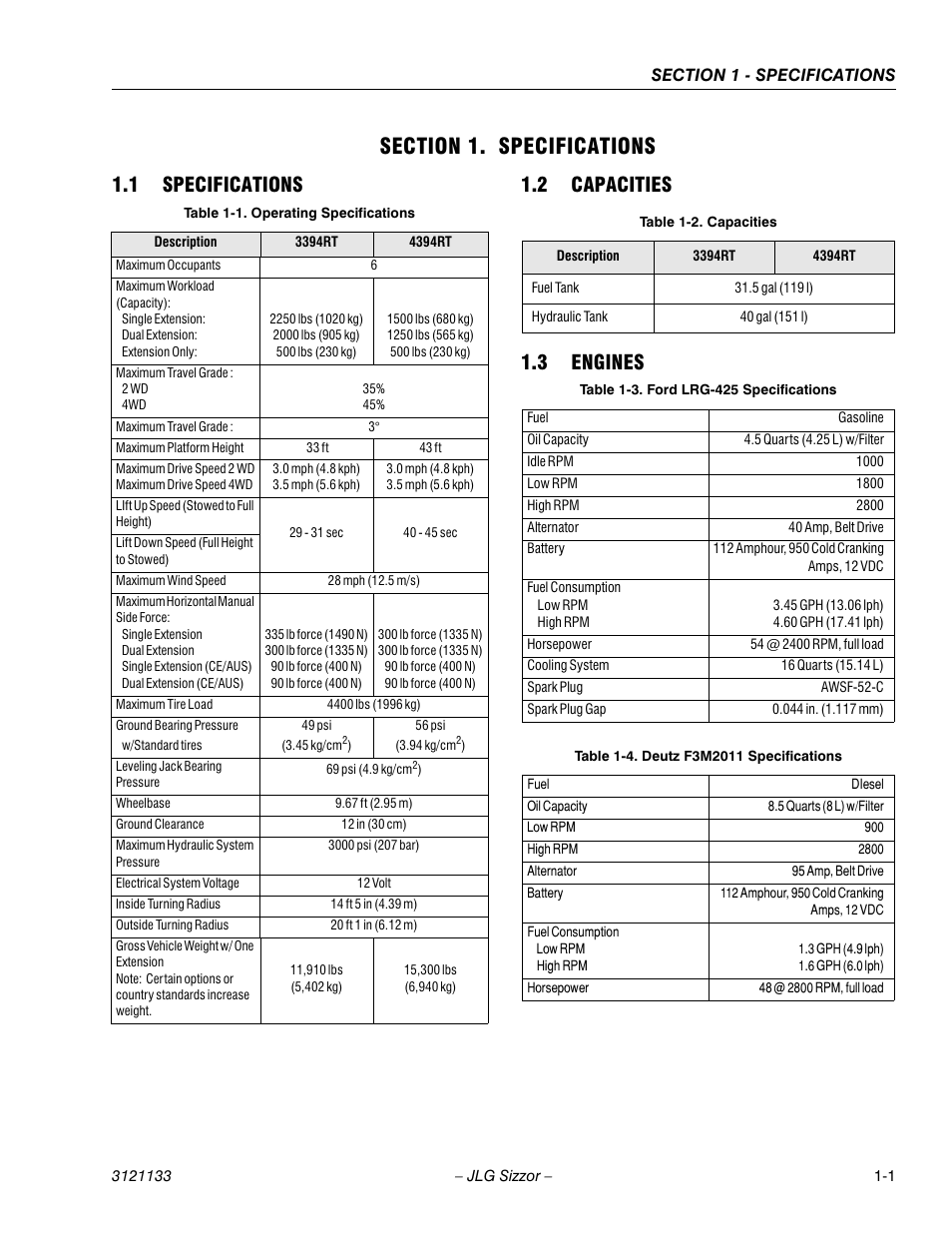 Section 1. specifications, 1 specifications, 2 capacities | 3 engines, Section 1 - specifications, Specifications -1, Capacities -1, Engines -1, Operating specifications -1, Ford lrg-425 specifications -1 | JLG 4394RT Service Manual User Manual | Page 11 / 228
