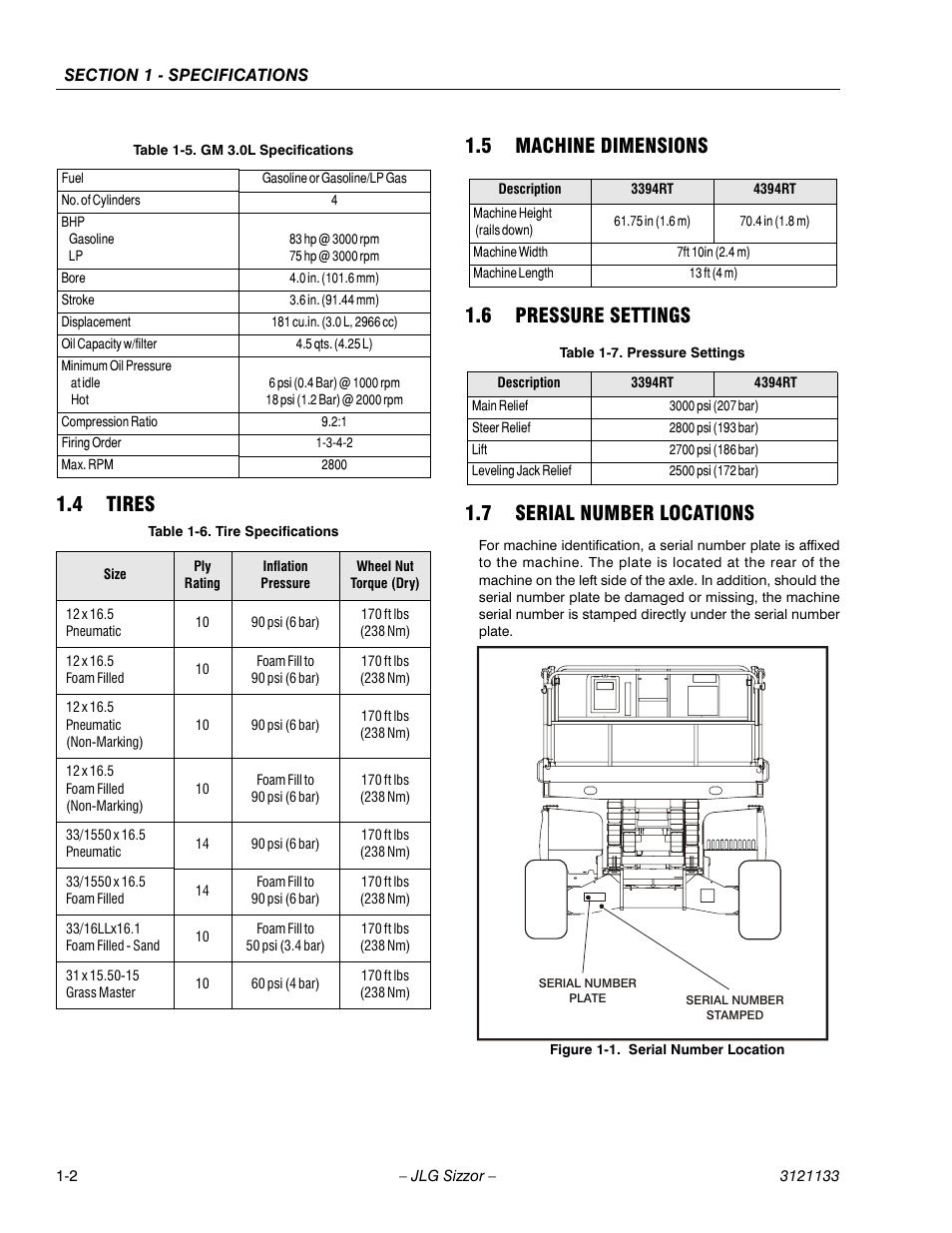 4 tires, 5 machine dimensions, 6 pressure settings | 7 serial number locations, Tires -2, Machine dimensions -2, Pressure settings -2, Serial number locations -2, Serial number location -2, Gm 3.0l specifications -2 | JLG 4394RT Service Manual User Manual | Page 12 / 228