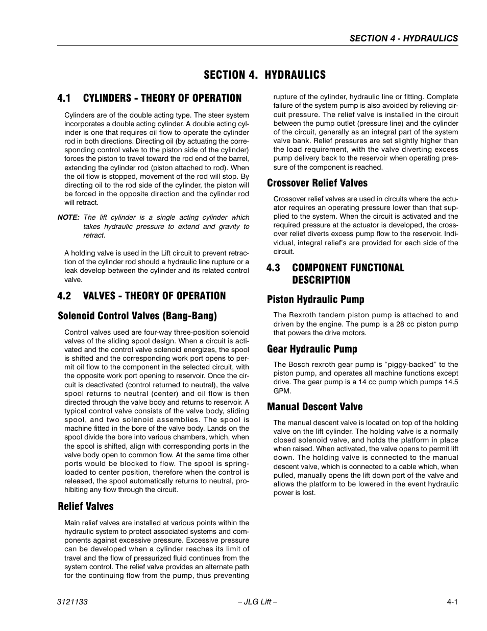 Section 4. hydraulics, 1 cylinders - theory of operation, 2 valves - theory of operation | Solenoid control valves (bang-bang), Relief valves, Crossover relief valves, 3 component functional description, Piston hydraulic pump, Gear hydraulic pump, Manual descent valve | JLG 4394RT Service Manual User Manual | Page 125 / 228