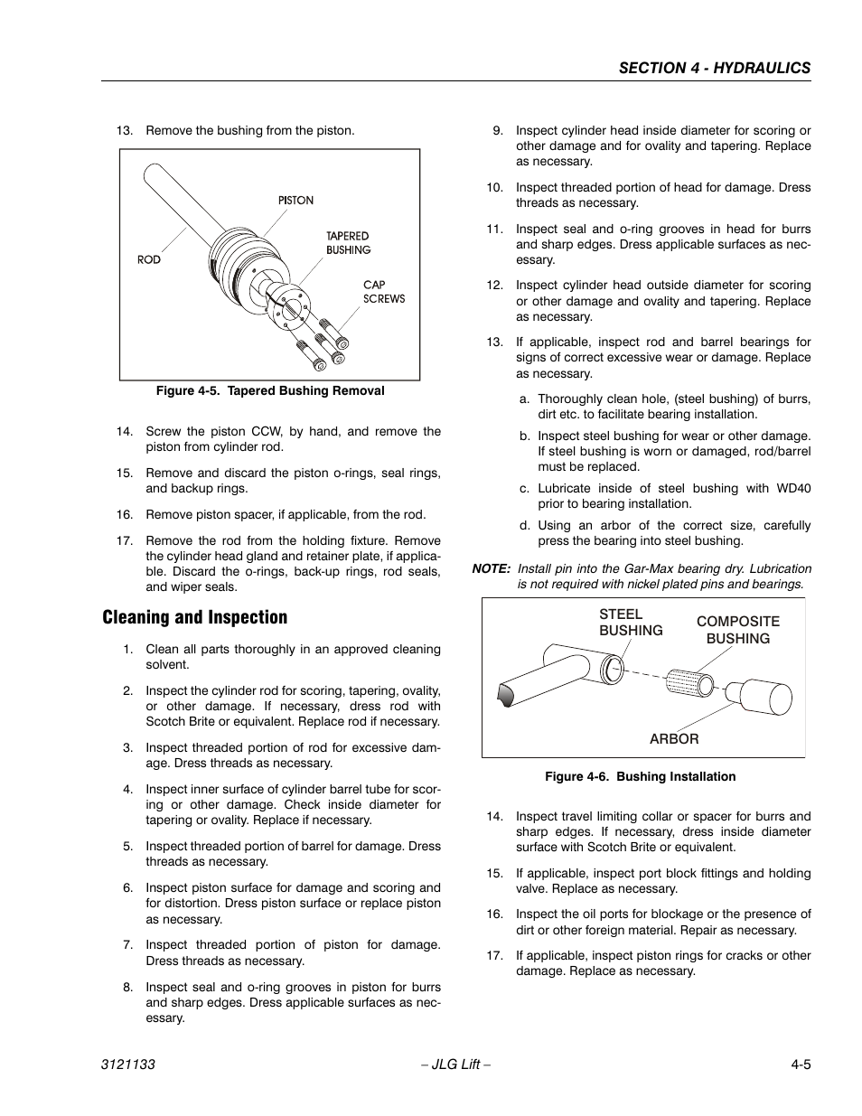 Cleaning and inspection, Tapered bushing removal -5, Bushing installation -5 | JLG 4394RT Service Manual User Manual | Page 129 / 228