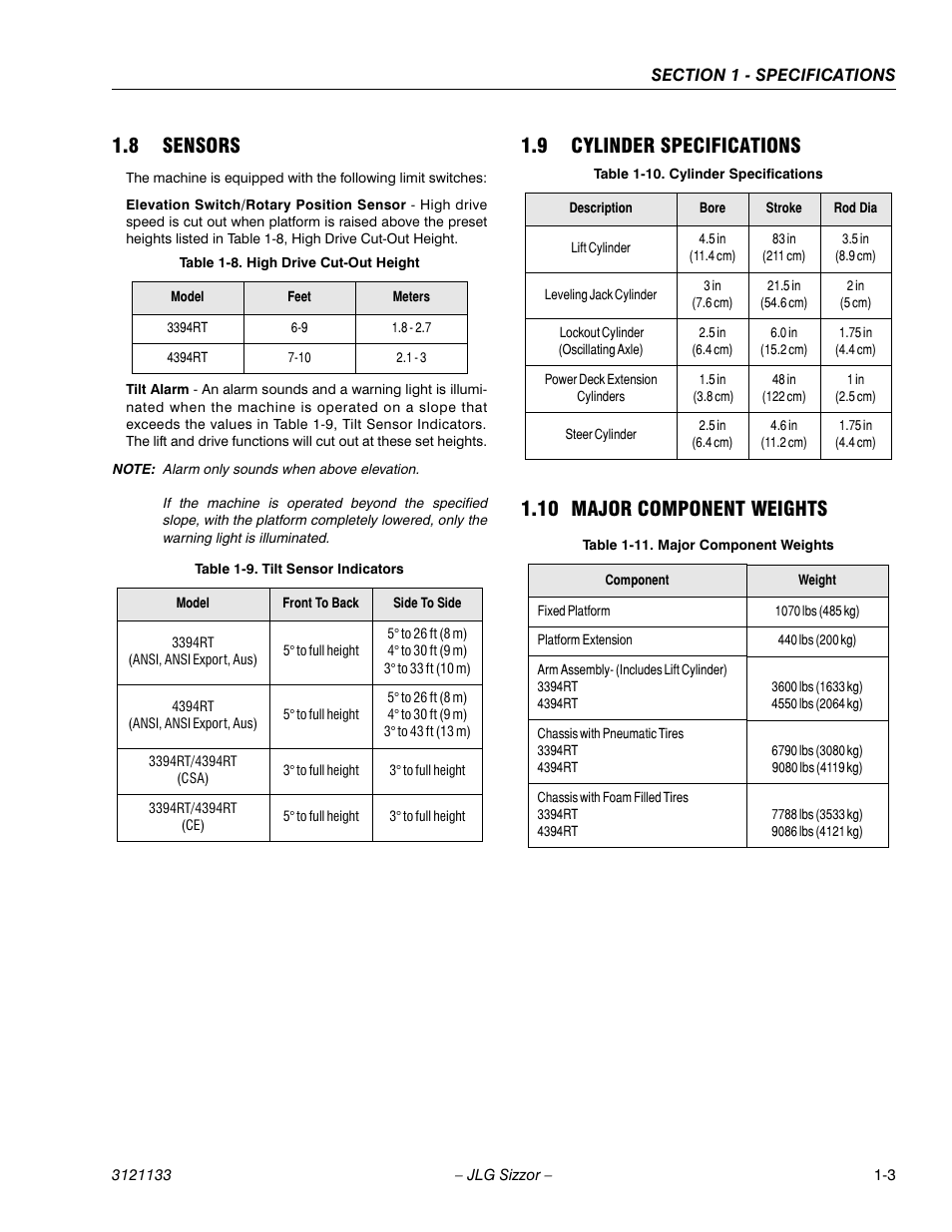 8 sensors, 9 cylinder specifications, 10 major component weights | Sensors -3, Cylinder specifications -3, Major component weights -3, High drive cut-out height -3, Tilt sensor indicators -3 | JLG 4394RT Service Manual User Manual | Page 13 / 228
