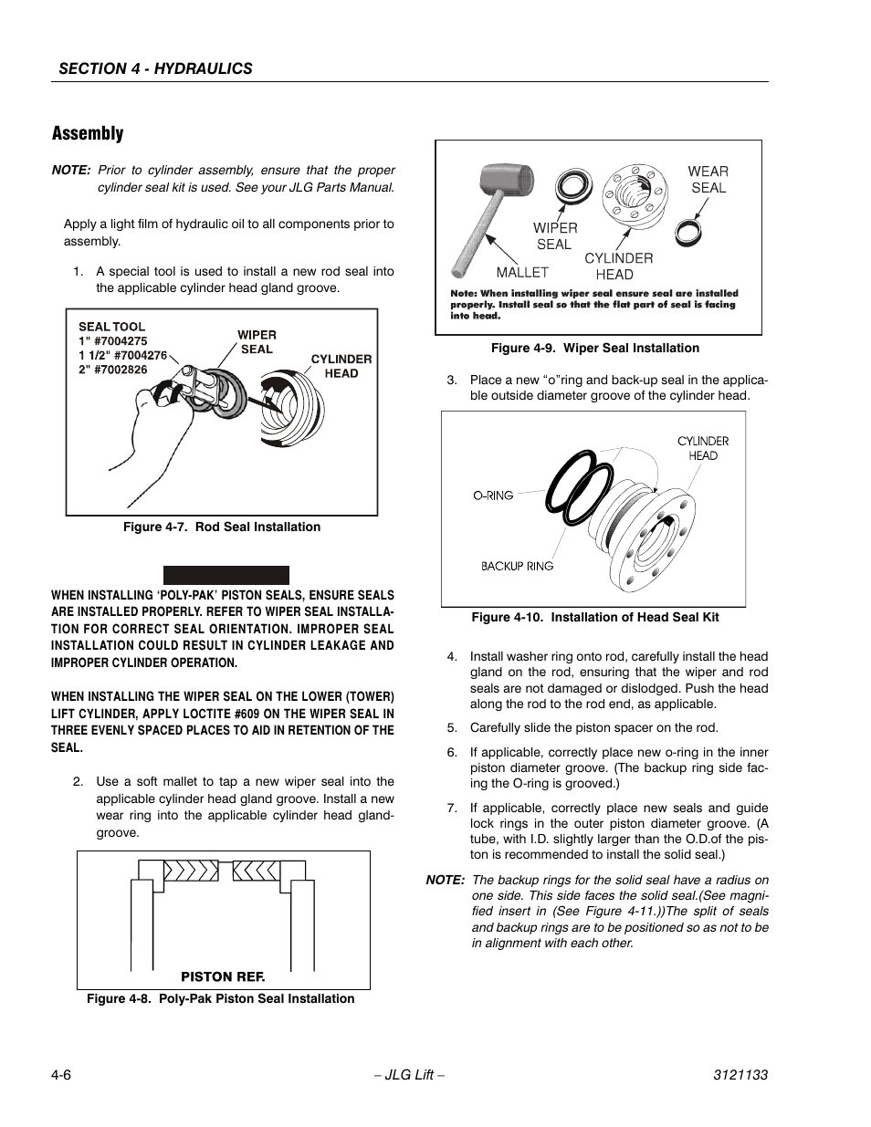 Assembly, Rod seal installation -6, Poly-pak piston seal installation -6 | Wiper seal installation -6, Installation of head seal kit -6 | JLG 4394RT Service Manual User Manual | Page 130 / 228