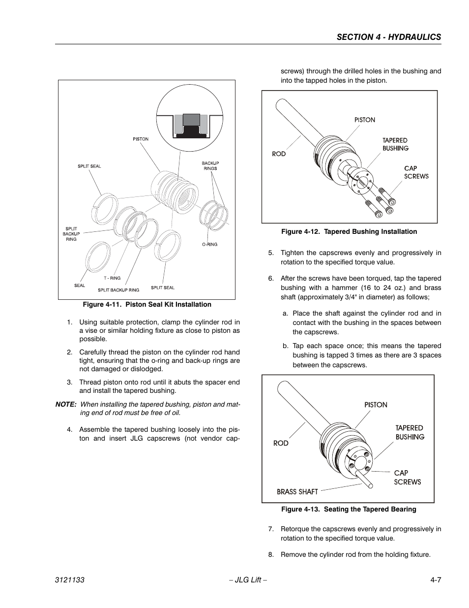 Piston seal kit installation -7, Tapered bushing installation -7, Seating the tapered bearing -7 | JLG 4394RT Service Manual User Manual | Page 131 / 228