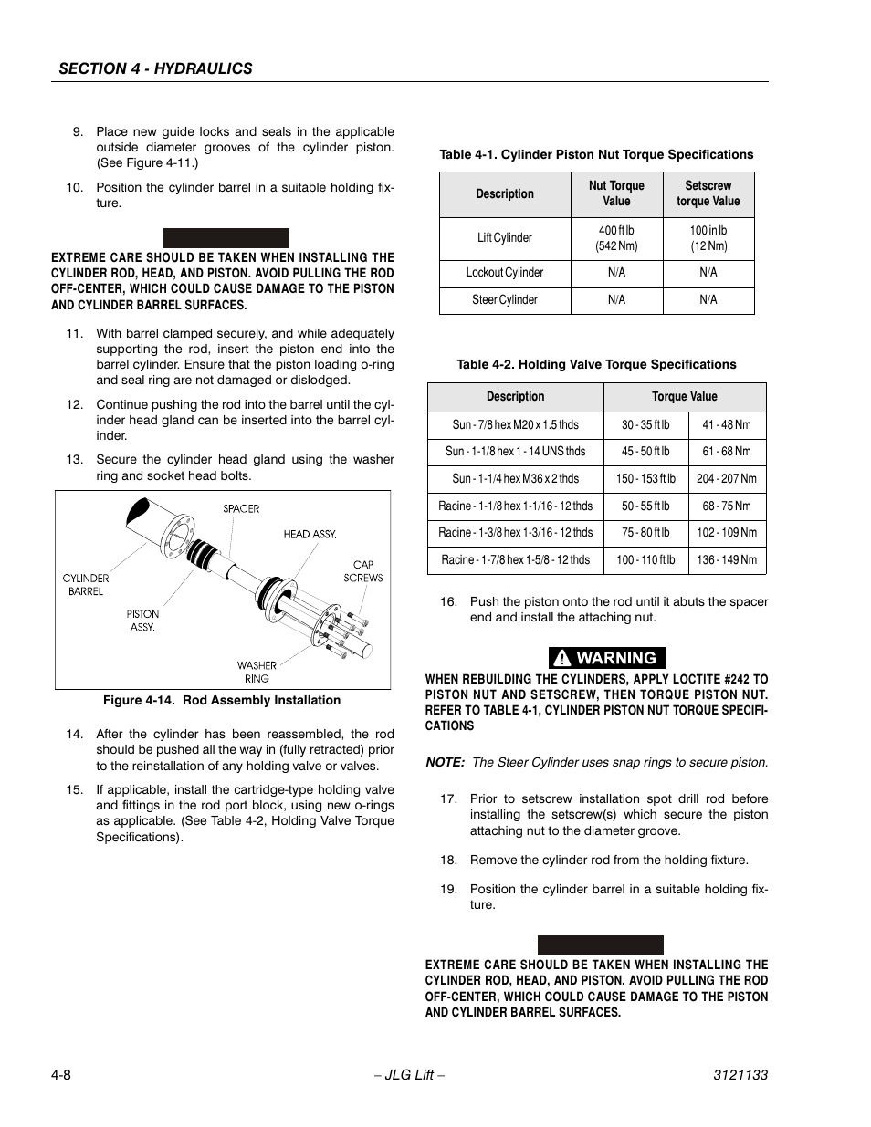 Rod assembly installation -8, Cylinder piston nut torque specifications -8, Holding valve torque specifications -8 | JLG 4394RT Service Manual User Manual | Page 132 / 228