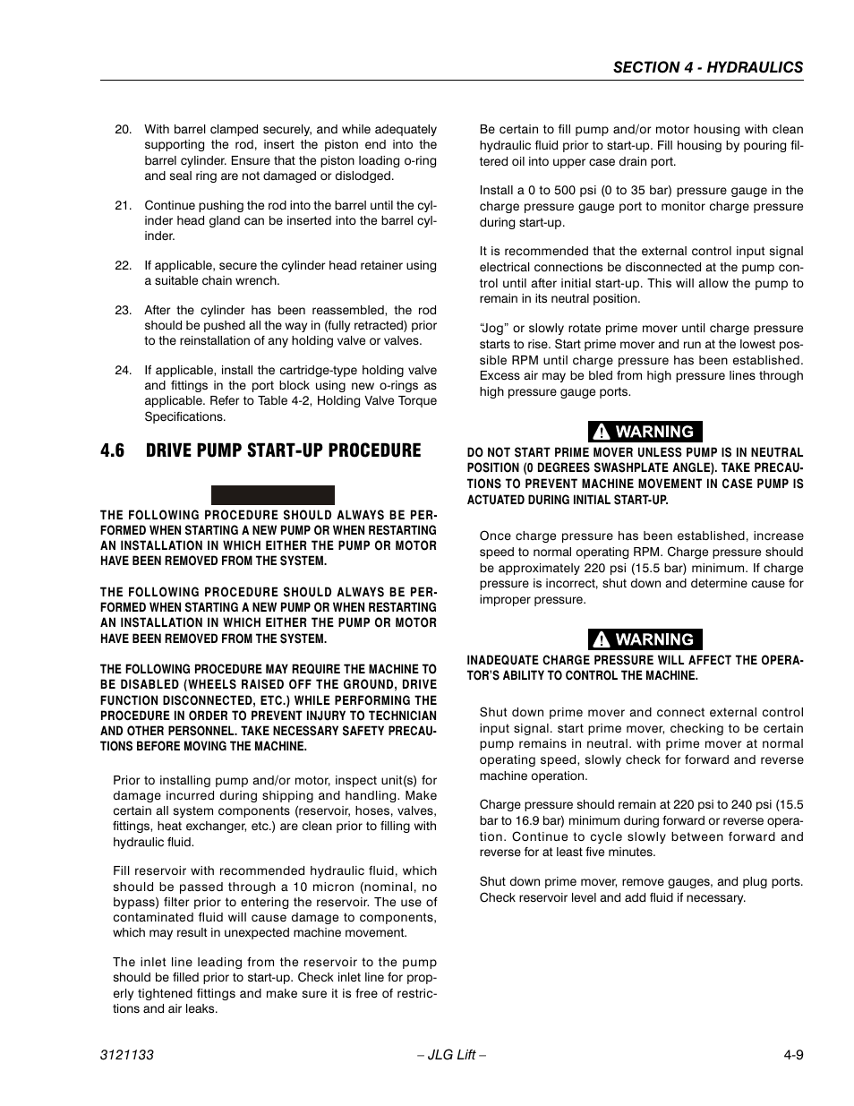 6 drive pump start-up procedure, Drive pump start-up procedure -9 | JLG 4394RT Service Manual User Manual | Page 133 / 228