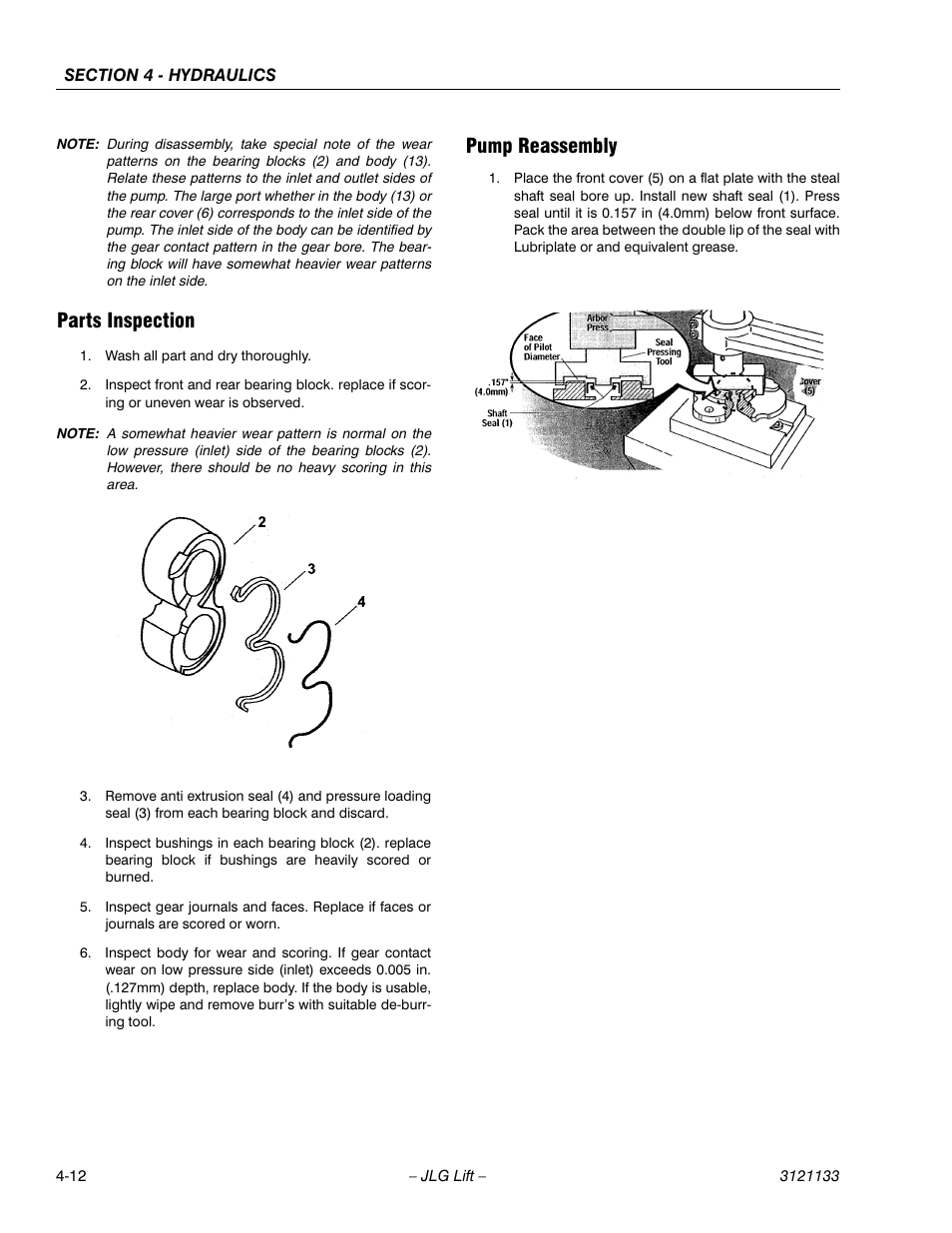 Parts inspection, Pump reassembly | JLG 4394RT Service Manual User Manual | Page 136 / 228