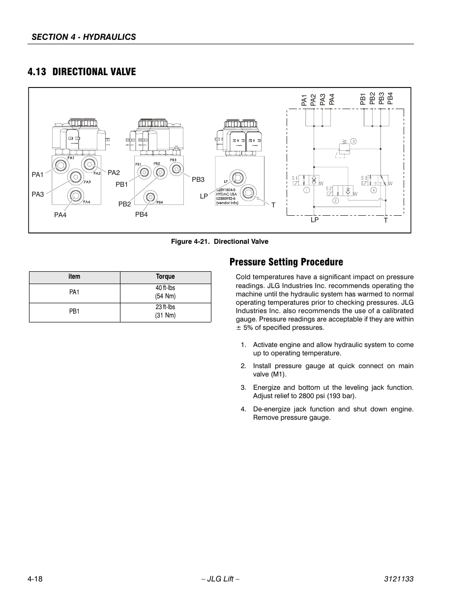 13 directional valve, Pressure setting procedure, Directional valve -18 | 13 directional valve pressure setting procedure | JLG 4394RT Service Manual User Manual | Page 142 / 228