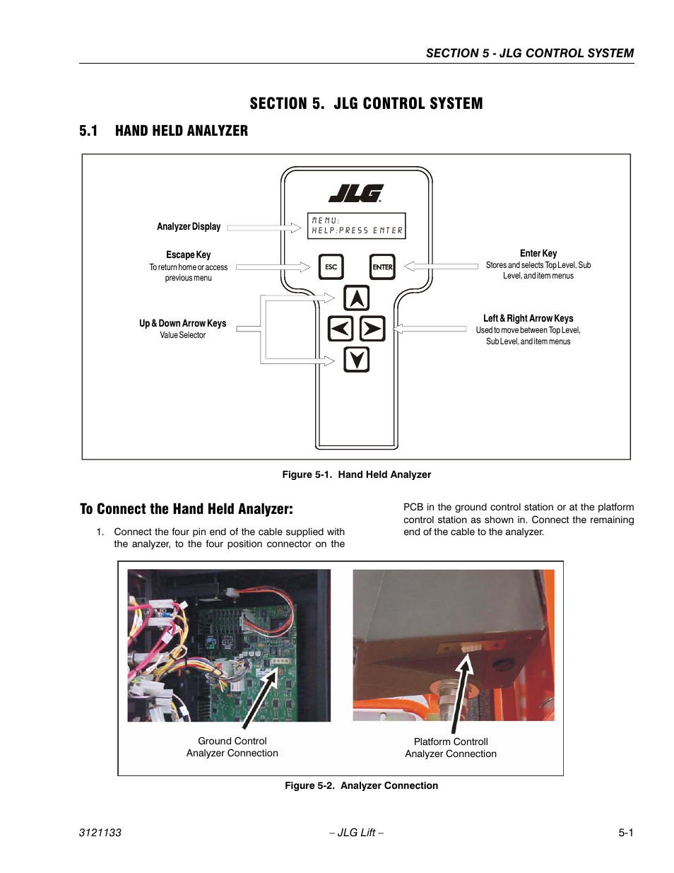 Section 5. jlg control system, 1 hand held analyzer, To connect the hand held analyzer | Section 5 - jlg control system, Hand held analyzer -1, Analyzer connection -1 | JLG 4394RT Service Manual User Manual | Page 155 / 228