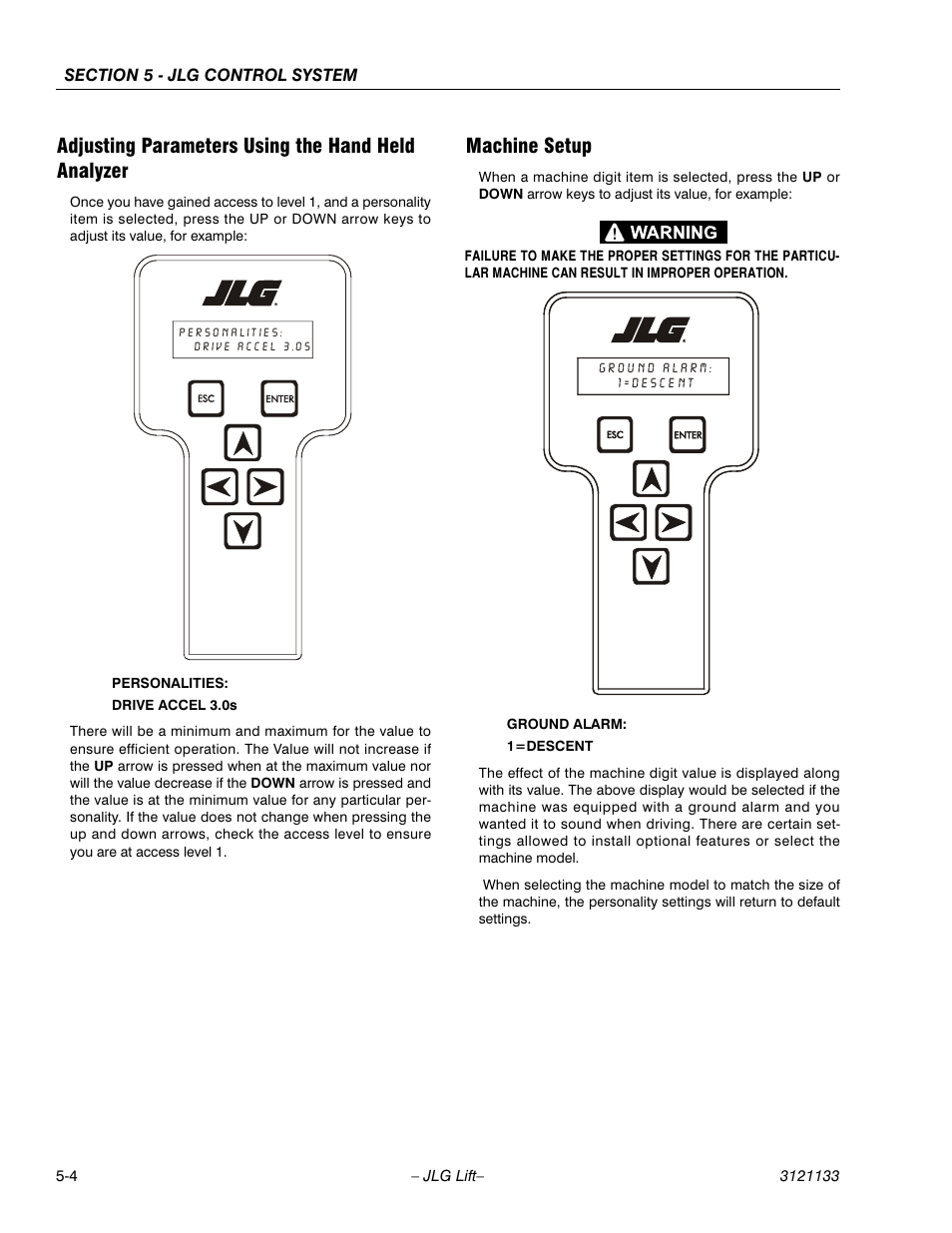 Adjusting parameters using the hand held analyzer, Machine setup | JLG 4394RT Service Manual User Manual | Page 158 / 228