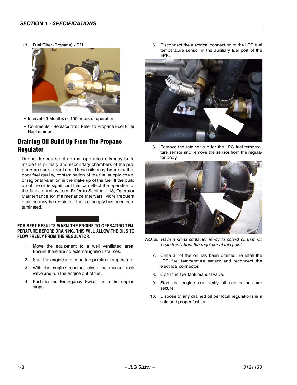 Draining oil build up from the propane regulator | JLG 4394RT Service Manual User Manual | Page 18 / 228