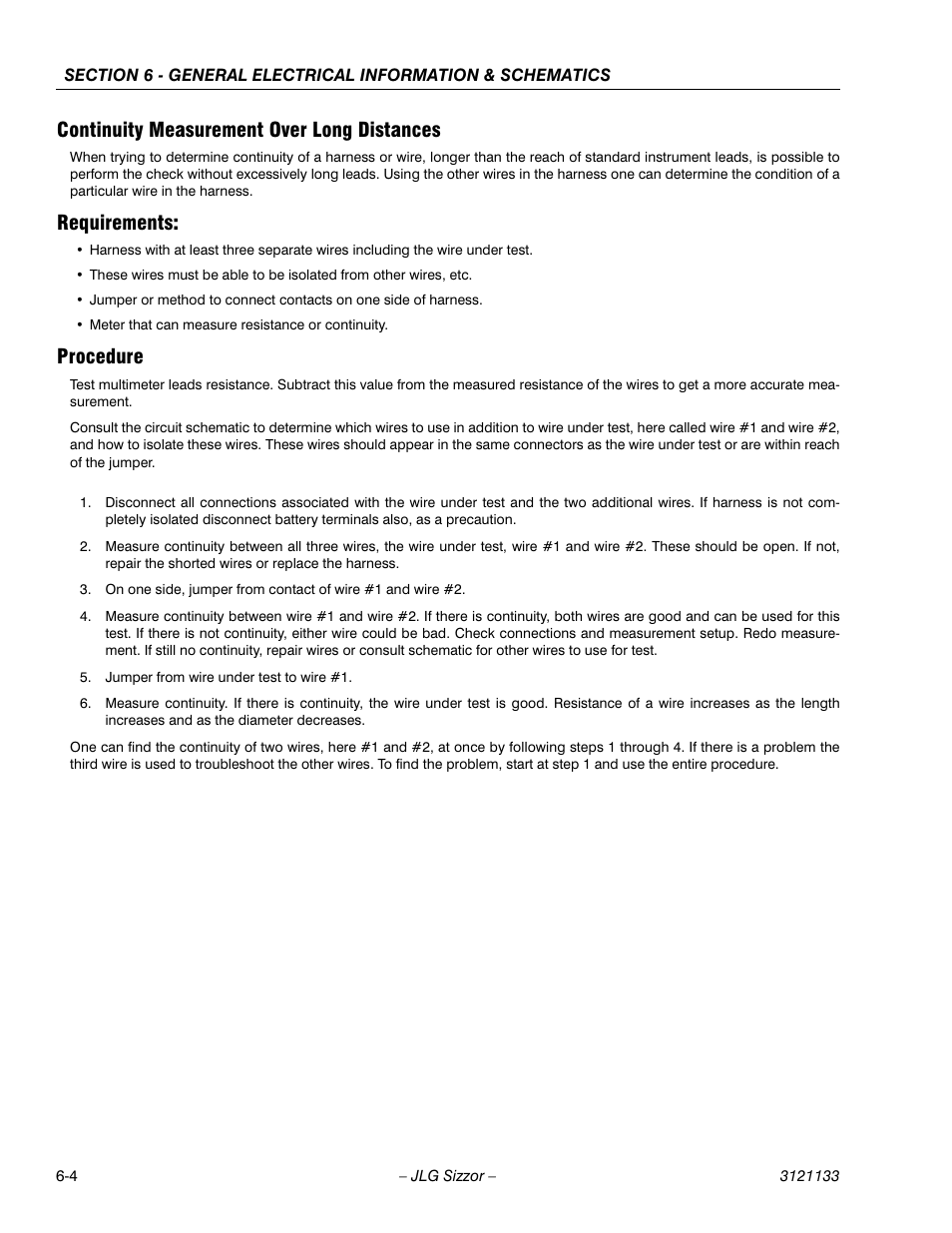 Continuity measurement over long distances, Requirements, Procedure | JLG 4394RT Service Manual User Manual | Page 182 / 228