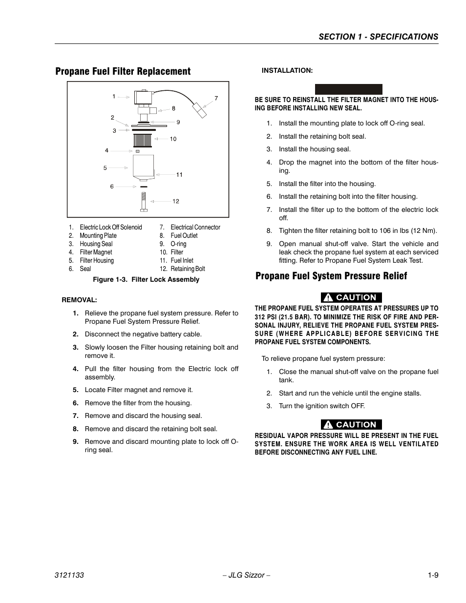 Propane fuel filter replacement, Propane fuel system pressure relief, Filter lock assembly -9 | JLG 4394RT Service Manual User Manual | Page 19 / 228