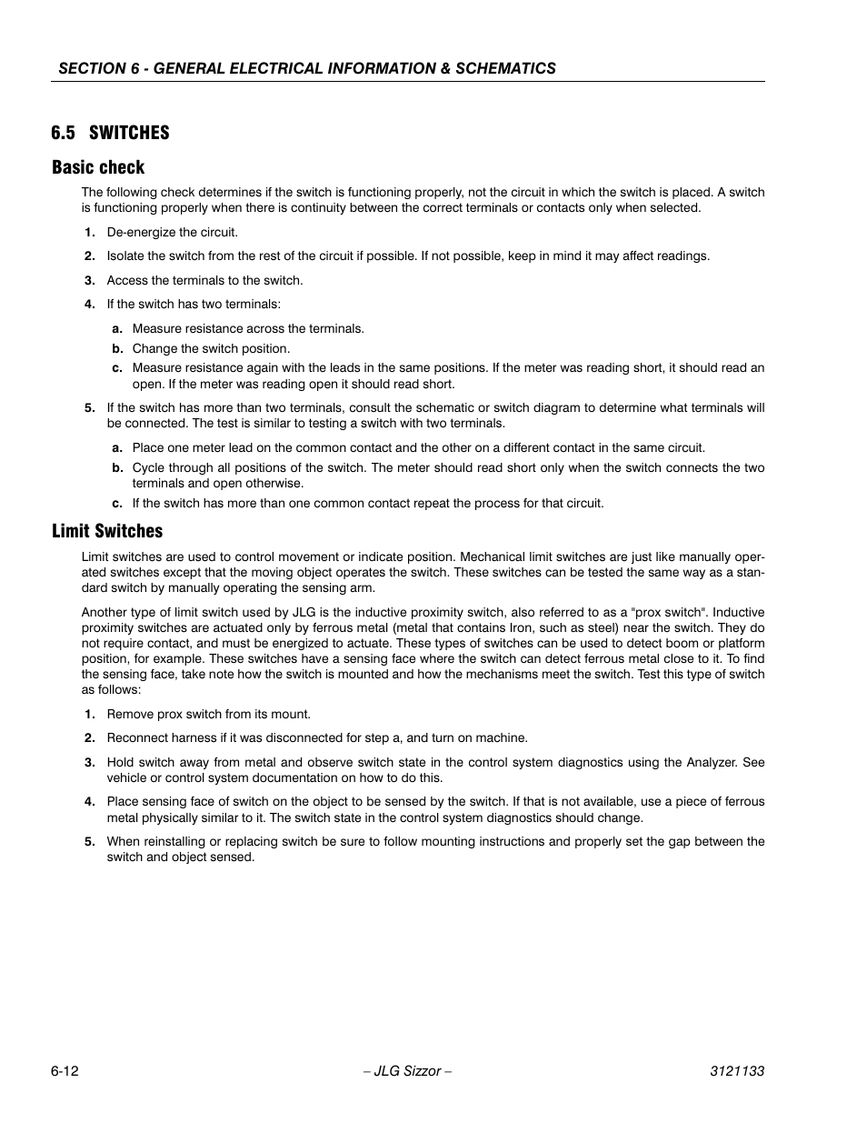 5 switches, Basic check, Limit switches | Switches -12, 5 switches basic check | JLG 4394RT Service Manual User Manual | Page 190 / 228