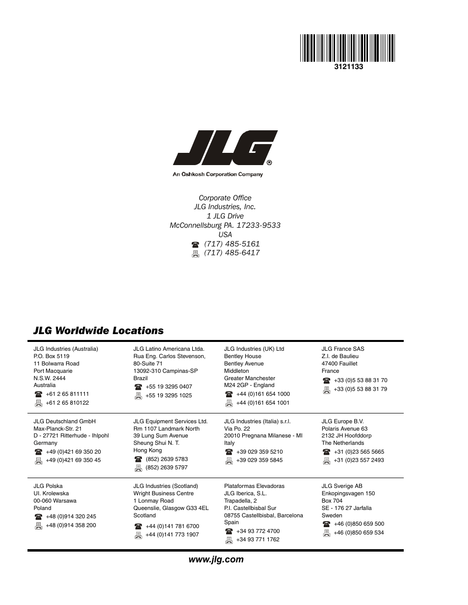 Jlg worldwide locations | JLG 4394RT Service Manual User Manual | Page 228 / 228
