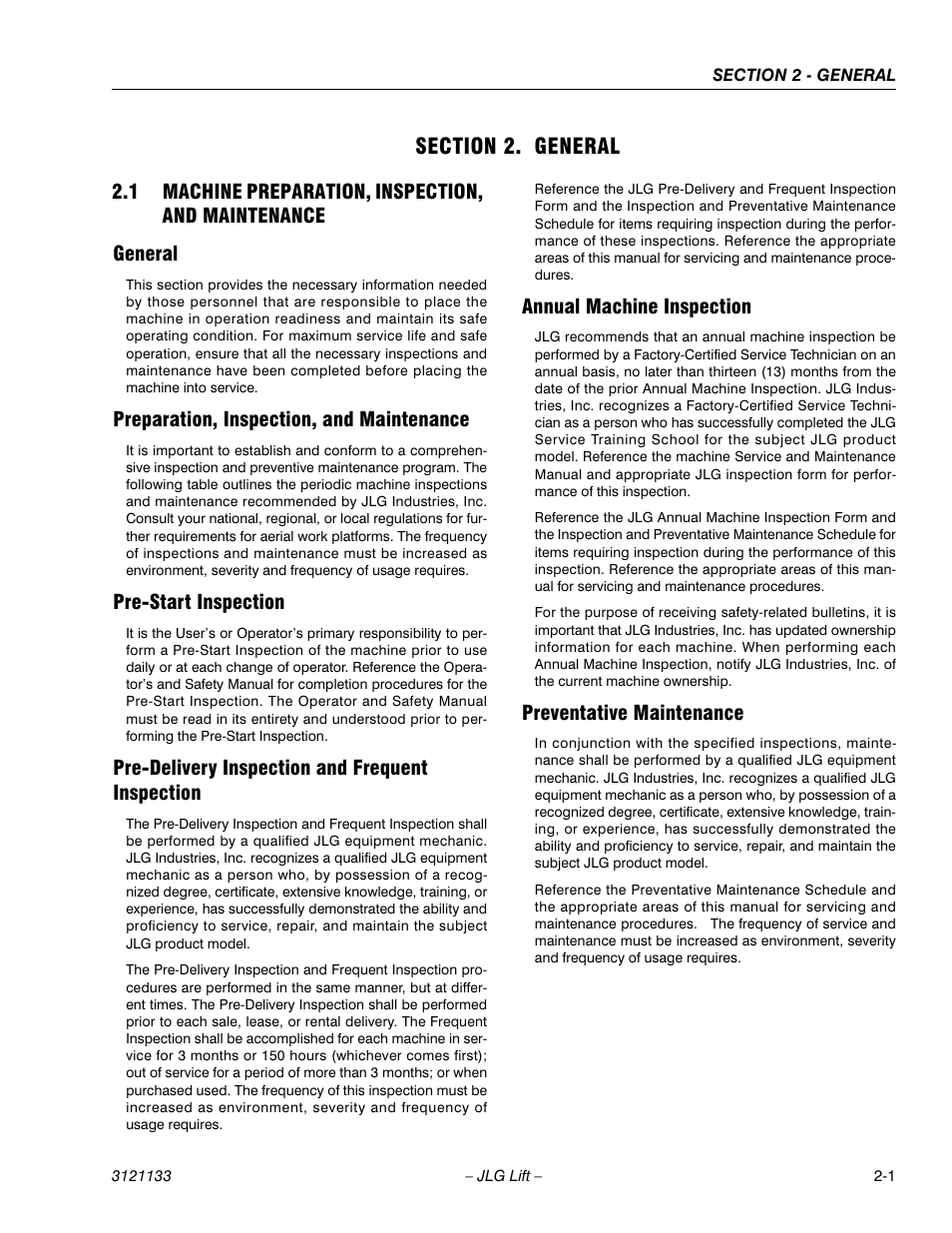 Section 2. general, 1 machine preparation, inspection, and maintenance, General | Preparation, inspection, and maintenance, Pre-start inspection, Pre-delivery inspection and frequent inspection, Annual machine inspection, Preventative maintenance, Section 2 - general | JLG 4394RT Service Manual User Manual | Page 27 / 228