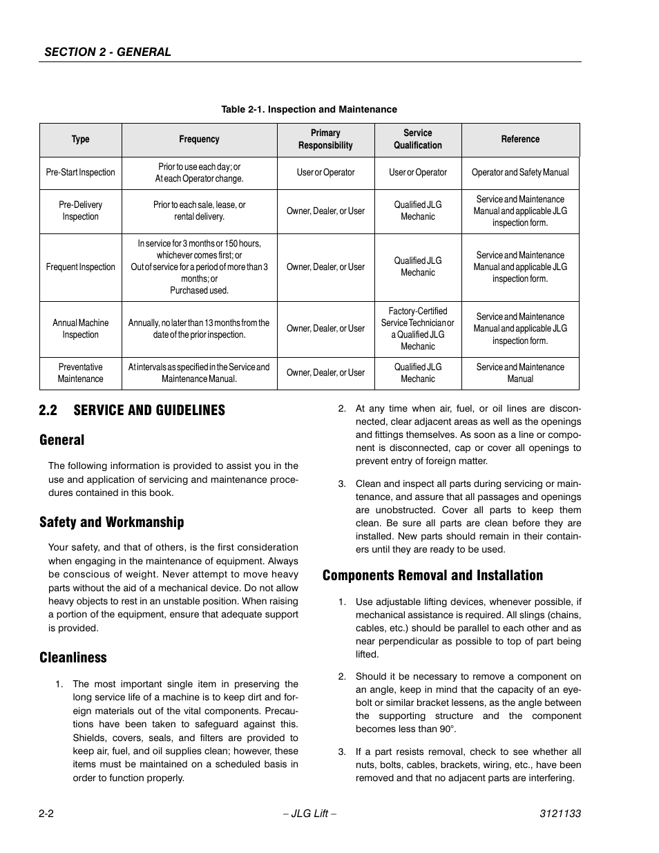 2 service and guidelines, General, Safety and workmanship | Cleanliness, Components removal and installation, Service and guidelines -2, Inspection and maintenance -2, 2 service and guidelines general | JLG 4394RT Service Manual User Manual | Page 28 / 228