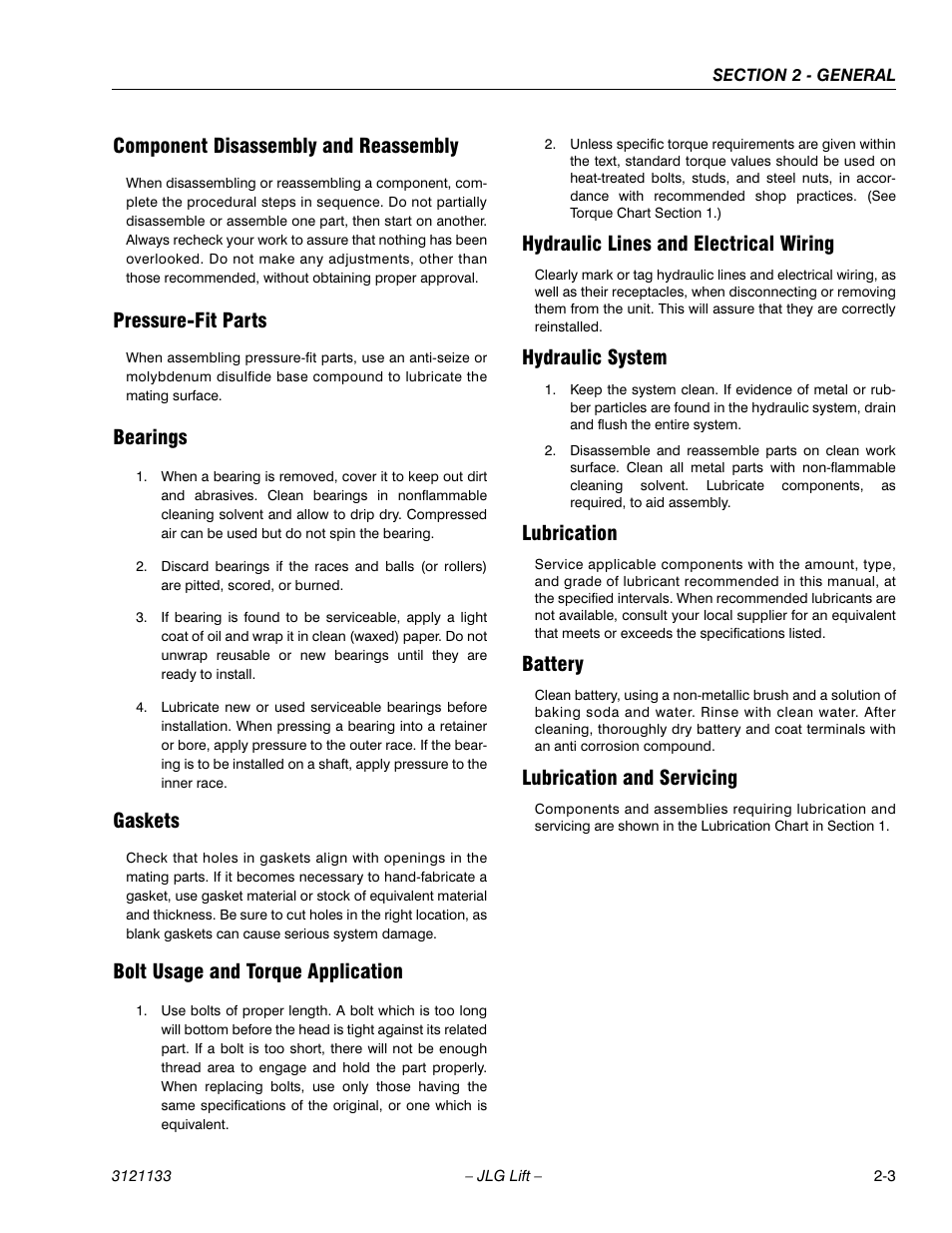 Component disassembly and reassembly, Pressure-fit parts, Bearings | Gaskets, Bolt usage and torque application, Hydraulic lines and electrical wiring, Hydraulic system, Lubrication, Battery, Lubrication and servicing | JLG 4394RT Service Manual User Manual | Page 29 / 228