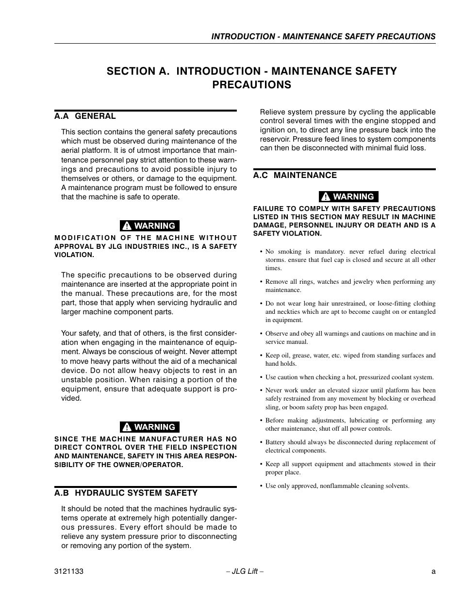 A.a general, A.b hydraulic system safety, A.c maintenance | JLG 4394RT Service Manual User Manual | Page 3 / 228