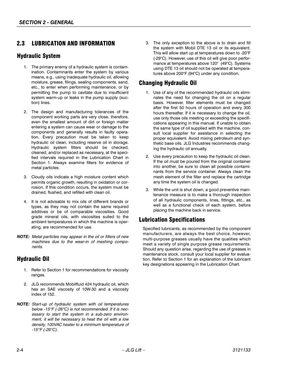 3 lubrication and information, Hydraulic system, Hydraulic oil | Changing hydraulic oil, Lubrication specifications, Lubrication and information -4, 3 lubrication and information hydraulic system | JLG 4394RT Service Manual User Manual | Page 30 / 228