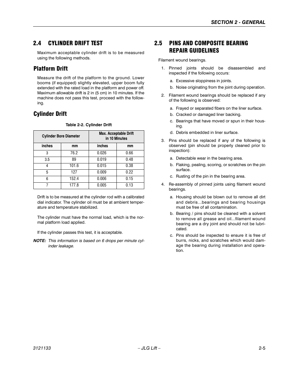 4 cylinder drift test, Platform drift, Cylinder drift | 5 pins and composite bearing repair guidelines, Cylinder drift test -5, Pins and composite bearing repair guidelines -5, Cylinder drift -5 | JLG 4394RT Service Manual User Manual | Page 31 / 228
