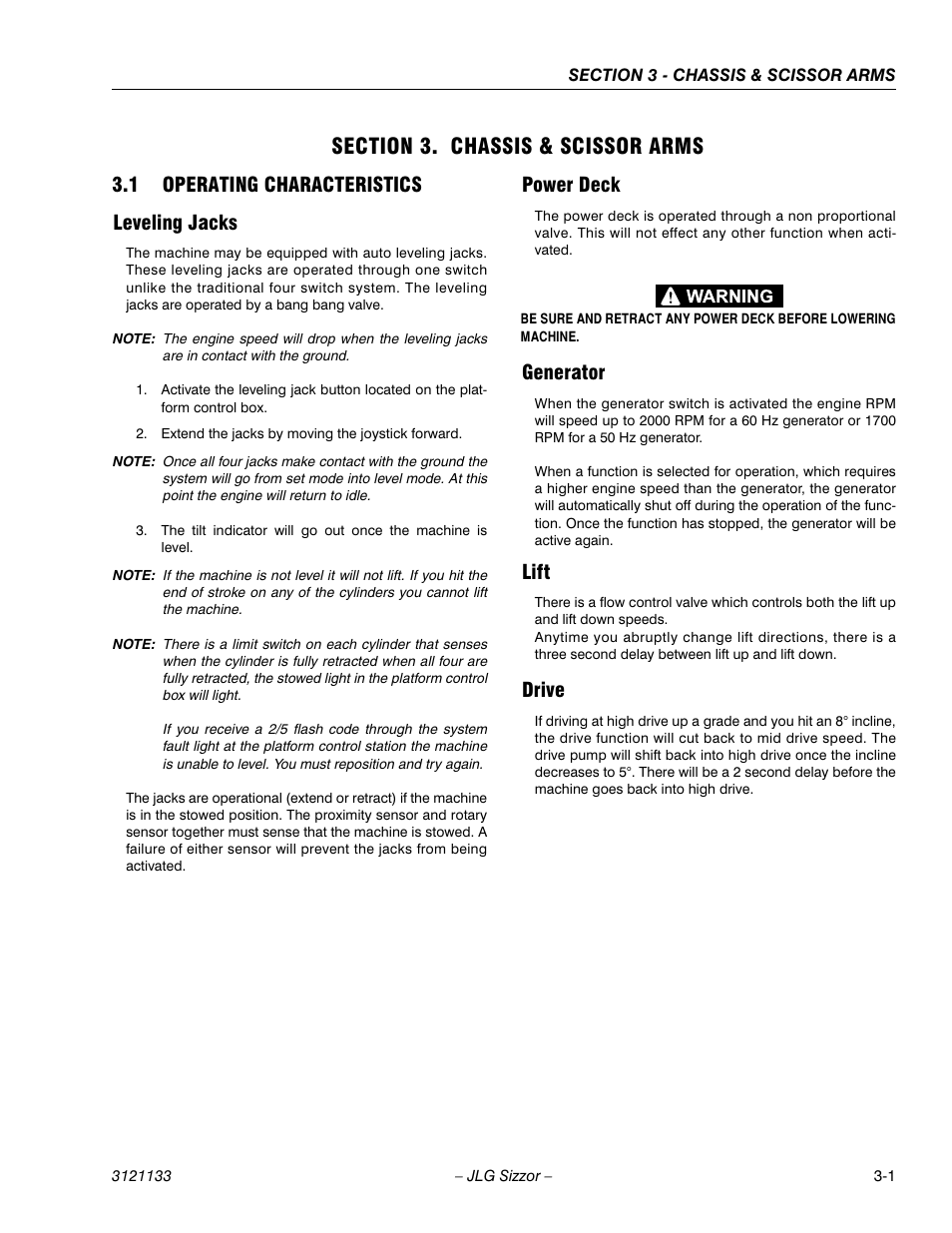 Section 3. chassis & scissor arms, 1 operating characteristics, Leveling jacks | Power deck, Generator, Lift, Drive, Section 3 - chassis & scissor arms, Operating characteristics -1, 1 operating characteristics leveling jacks | JLG 4394RT Service Manual User Manual | Page 37 / 228