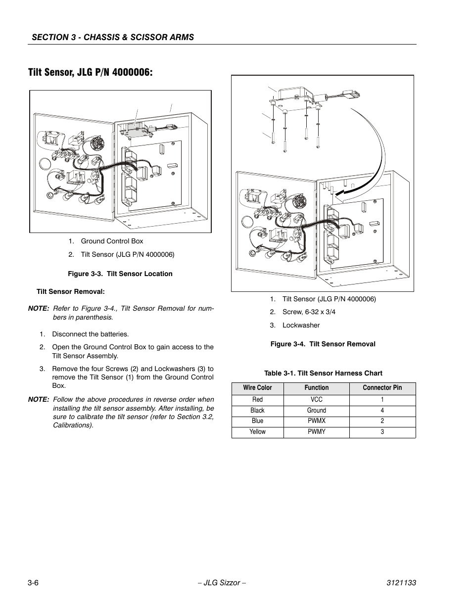Tilt sensor, jlg p/n 4000006, Tilt sensor location -6, Tilt sensor removal -6 | Tilt sensor harness chart -6 | JLG 4394RT Service Manual User Manual | Page 42 / 228
