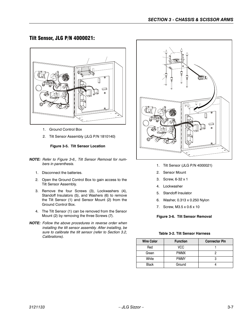 Tilt sensor, jlg p/n 4000021, Tilt sensor location -7, Tilt sensor removal -7 | Tilt sensor harness -7 | JLG 4394RT Service Manual User Manual | Page 43 / 228