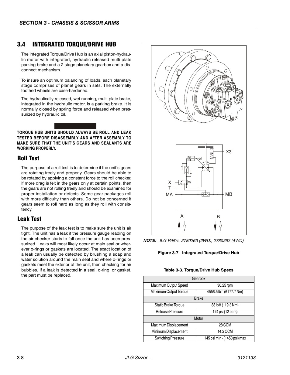 4 integrated torque/drive hub, Roll test, Leak test | Integrated torque/drive hub -8, Torque/drive hub specs -8 | JLG 4394RT Service Manual User Manual | Page 44 / 228