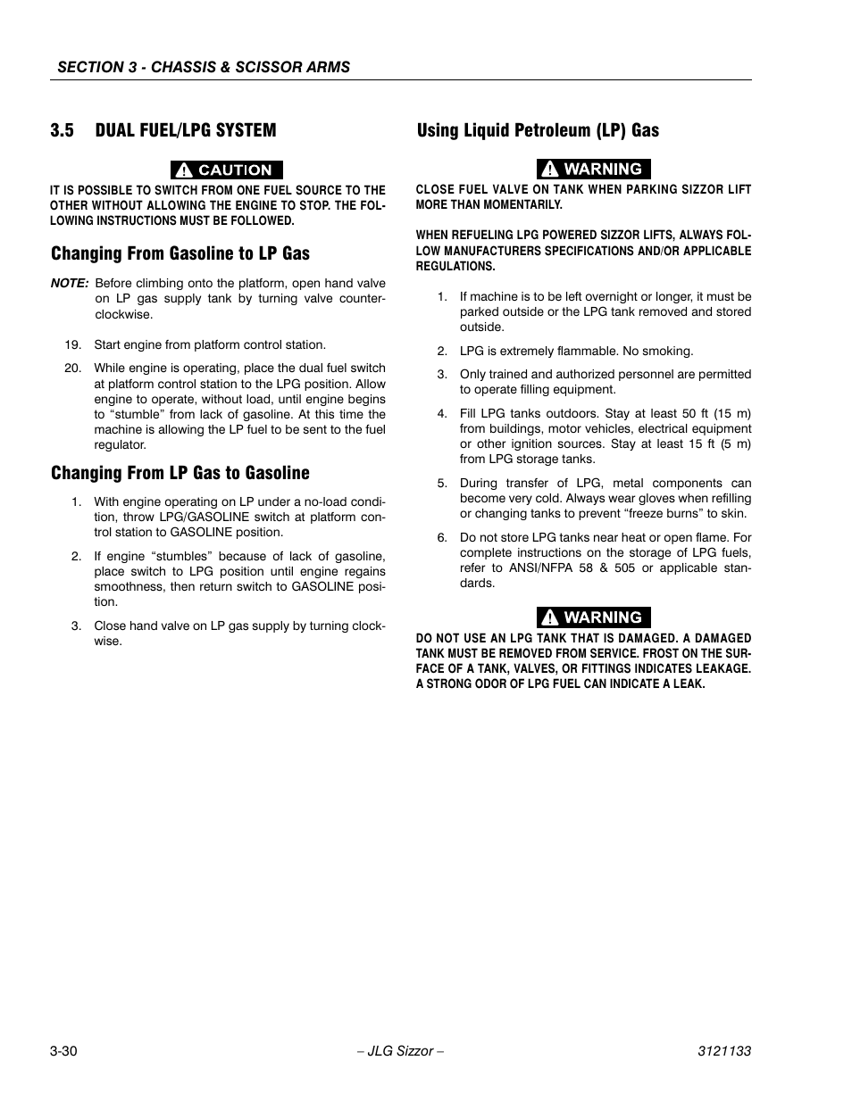 5 dual fuel/lpg system, Changing from gasoline to lp gas, Changing from lp gas to gasoline | Using liquid petroleum (lp) gas, Dual fuel/lpg system -30 | JLG 4394RT Service Manual User Manual | Page 66 / 228
