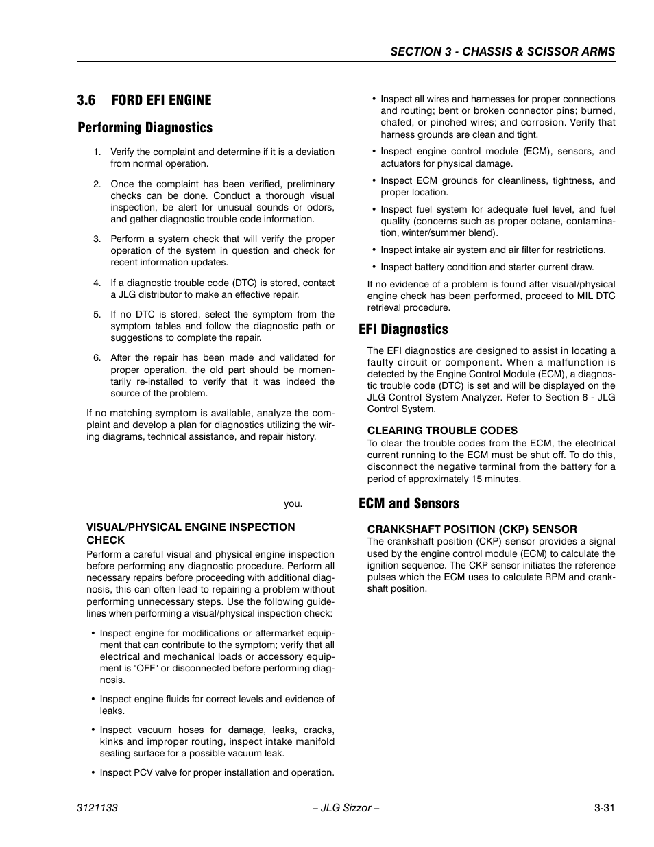 6 ford efi engine, Performing diagnostics, Efi diagnostics | Ecm and sensors, Ford efi engine -31, 6 ford efi engine performing diagnostics | JLG 4394RT Service Manual User Manual | Page 67 / 228