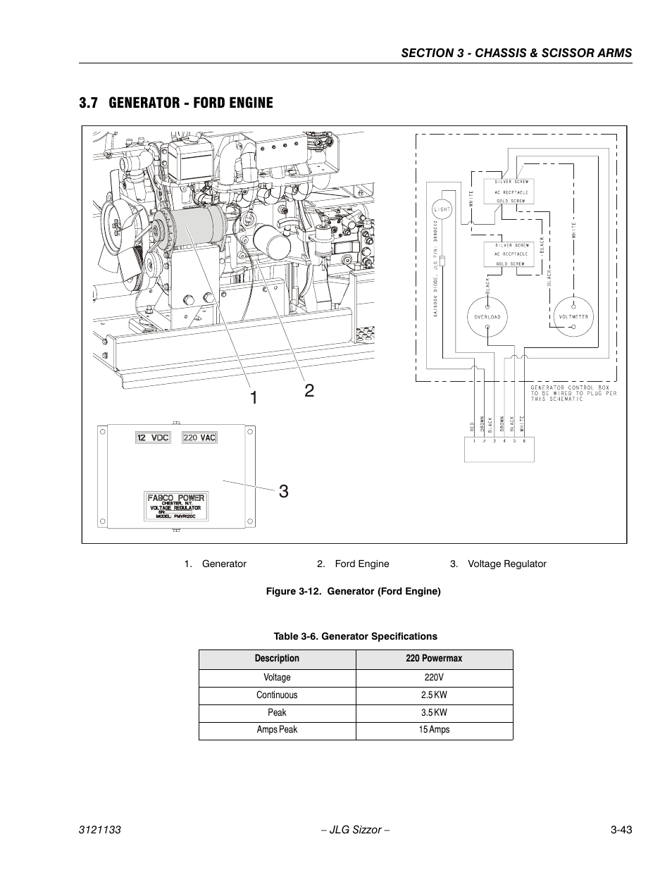 7 generator - ford engine, Generator - ford engine -43, Generator (ford engine) -43 | Generator specifications -43 | JLG 4394RT Service Manual User Manual | Page 79 / 228