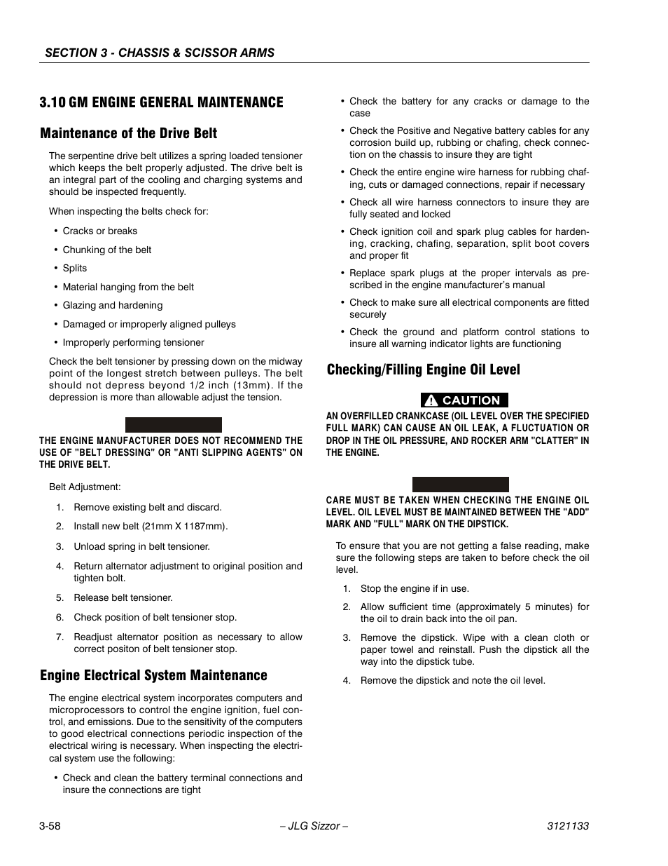 10 gm engine general maintenance, Maintenance of the drive belt, Engine electrical system maintenance | Checking/filling engine oil level, Gm engine general maintenance -58 | JLG 4394RT Service Manual User Manual | Page 94 / 228
