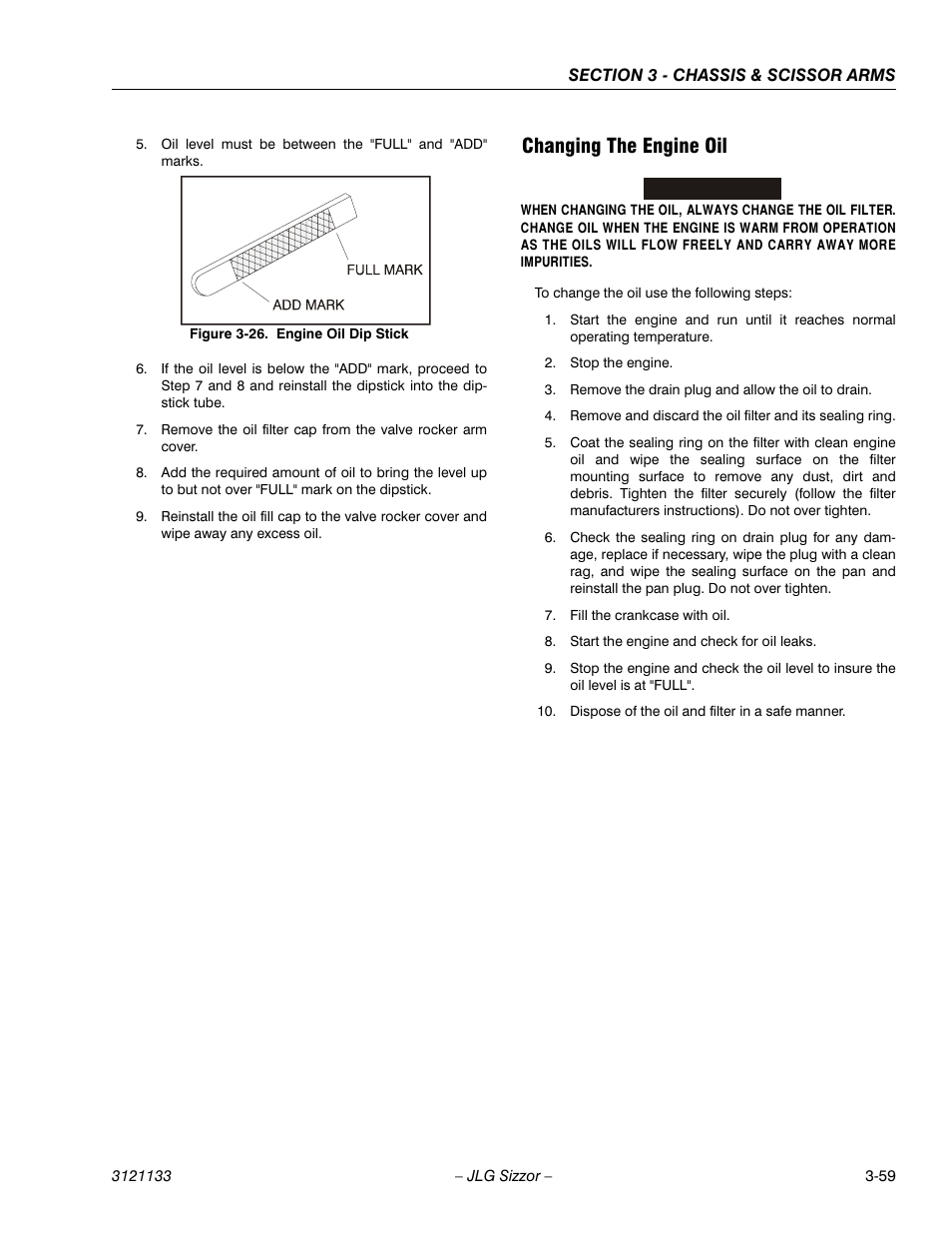 Changing the engine oil, Engine oil dip stick -59 | JLG 4394RT Service Manual User Manual | Page 95 / 228